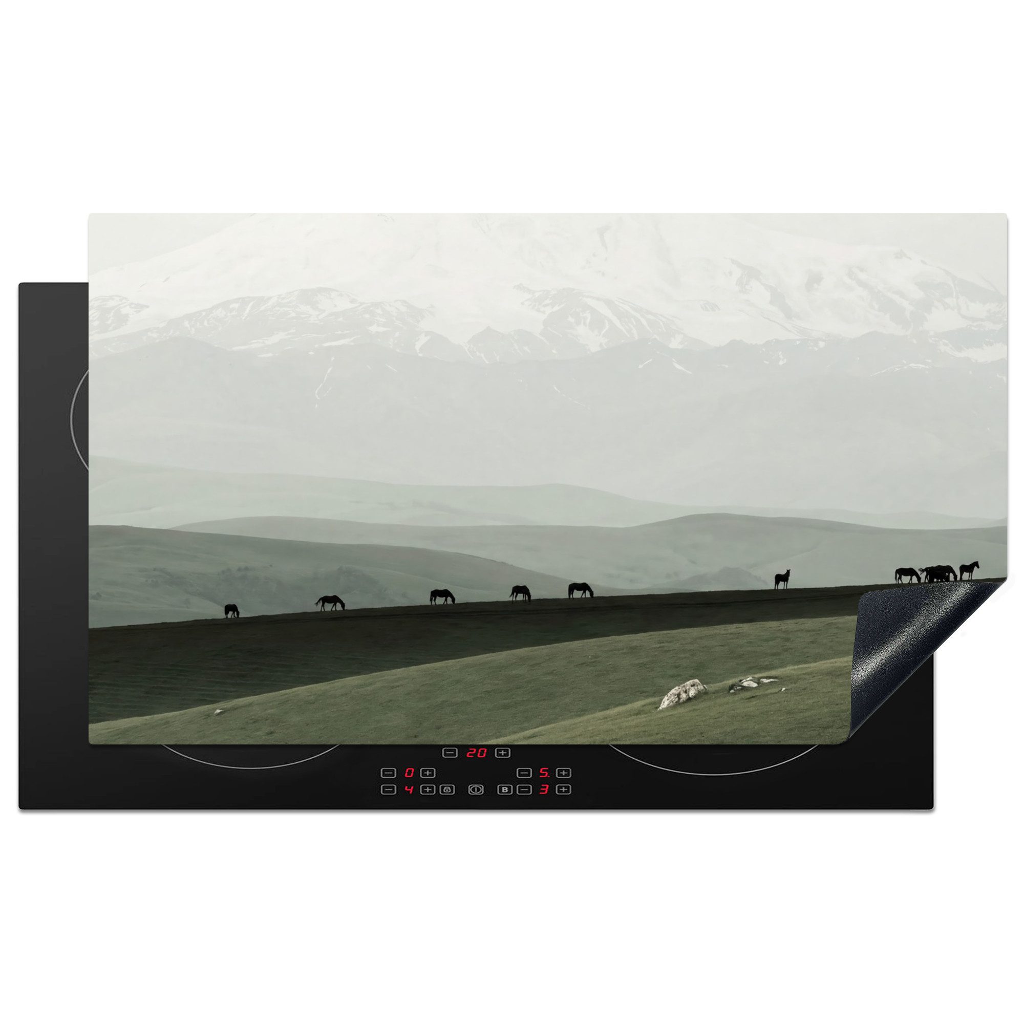 MuchoWow Herd-Abdeckplatte Grau - Berg - Pferde, Vinyl, (1 tlg), Herdabdeckplatten für Ceranfeld, Induktionsschutz, 90x52 cm