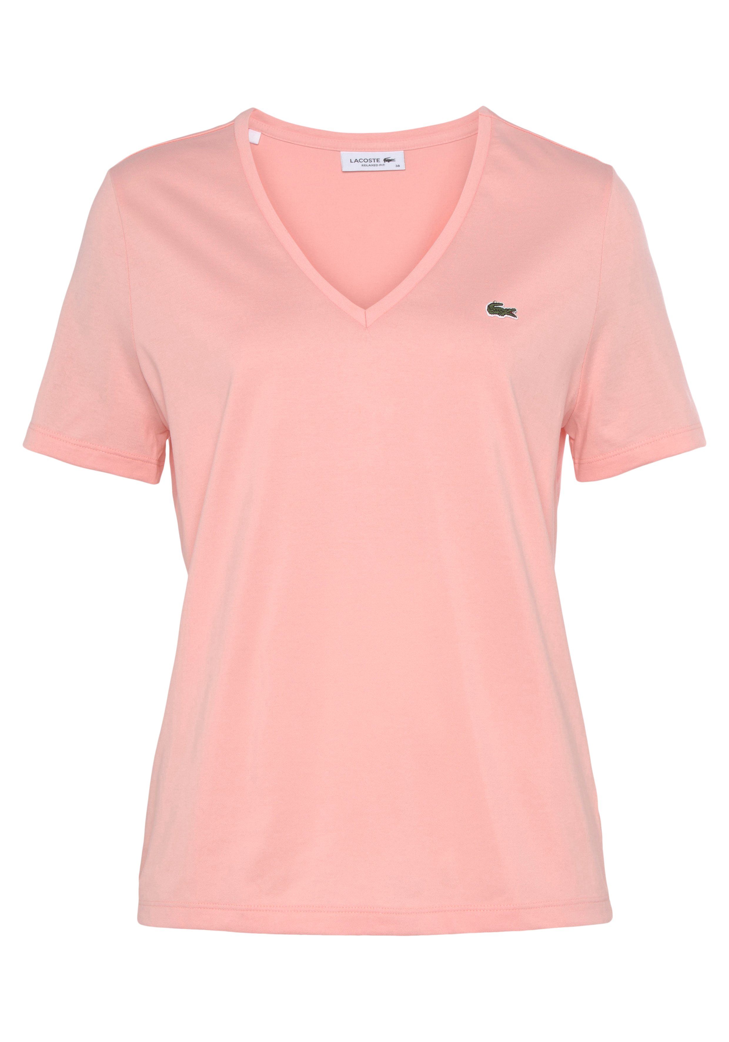 Lacoste T-Shirt Lacoste Damen-T-Shirt mit V-Ausschnitt (1-tlg) mit Logo-Patch auf der Brust bordeauxrot