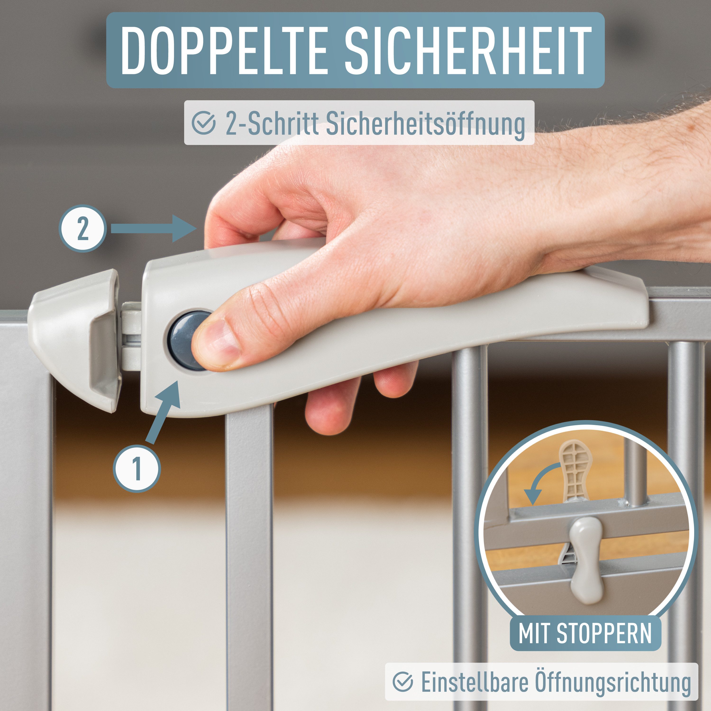 ib style Türschutzgitter Berrin Treppengitter 85-95cm silber-grau, Sicherheitsgitter für Türen und Treppen, Ohne Bohren, Zum Klemmen – Bild 5 von 5