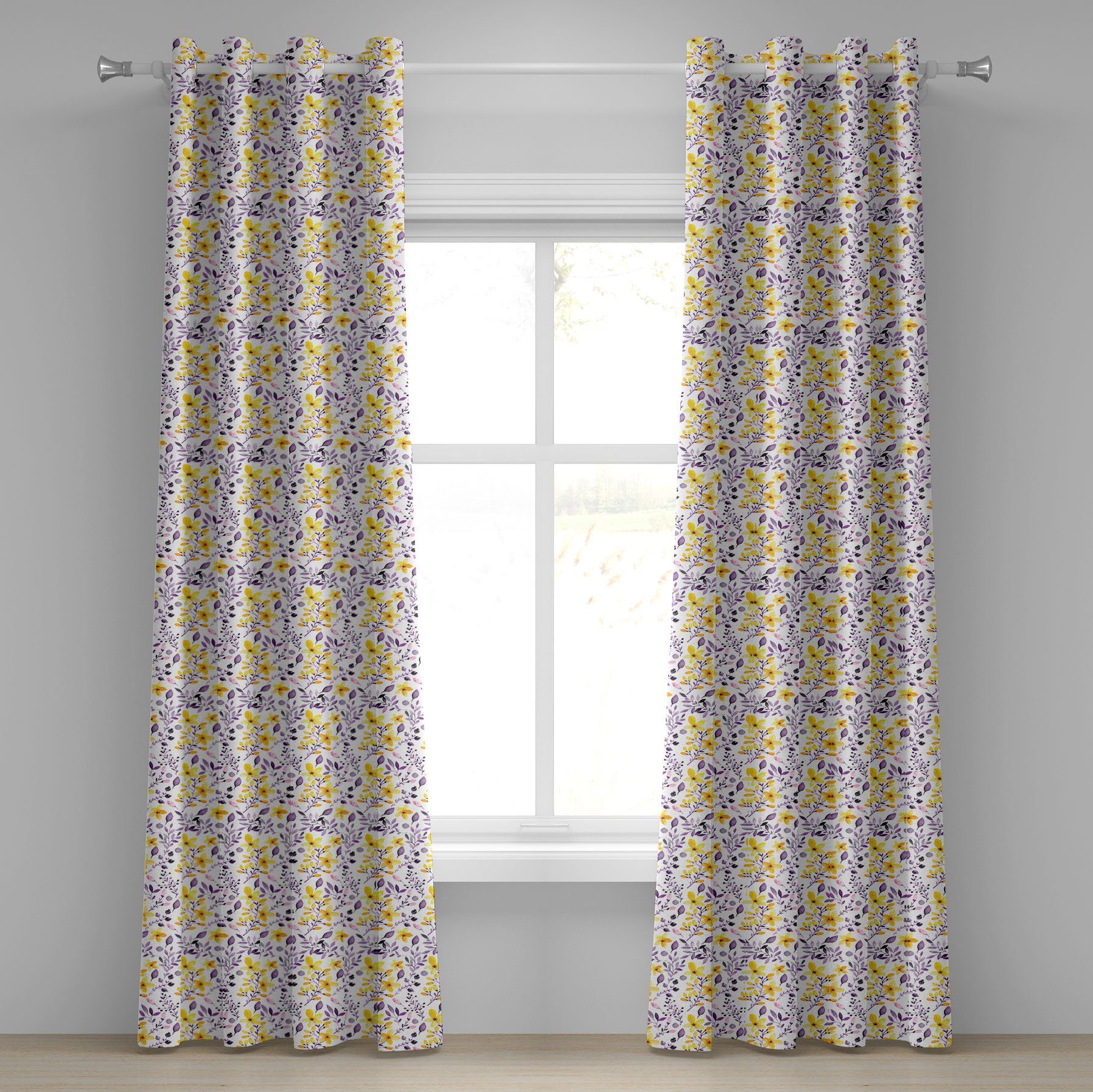 Gelbe Dekorative für 2-Panel-Fenstervorhänge Aquarell Abakuhaus, Gardine Wildblumen Wohnzimmer, Schlafzimmer