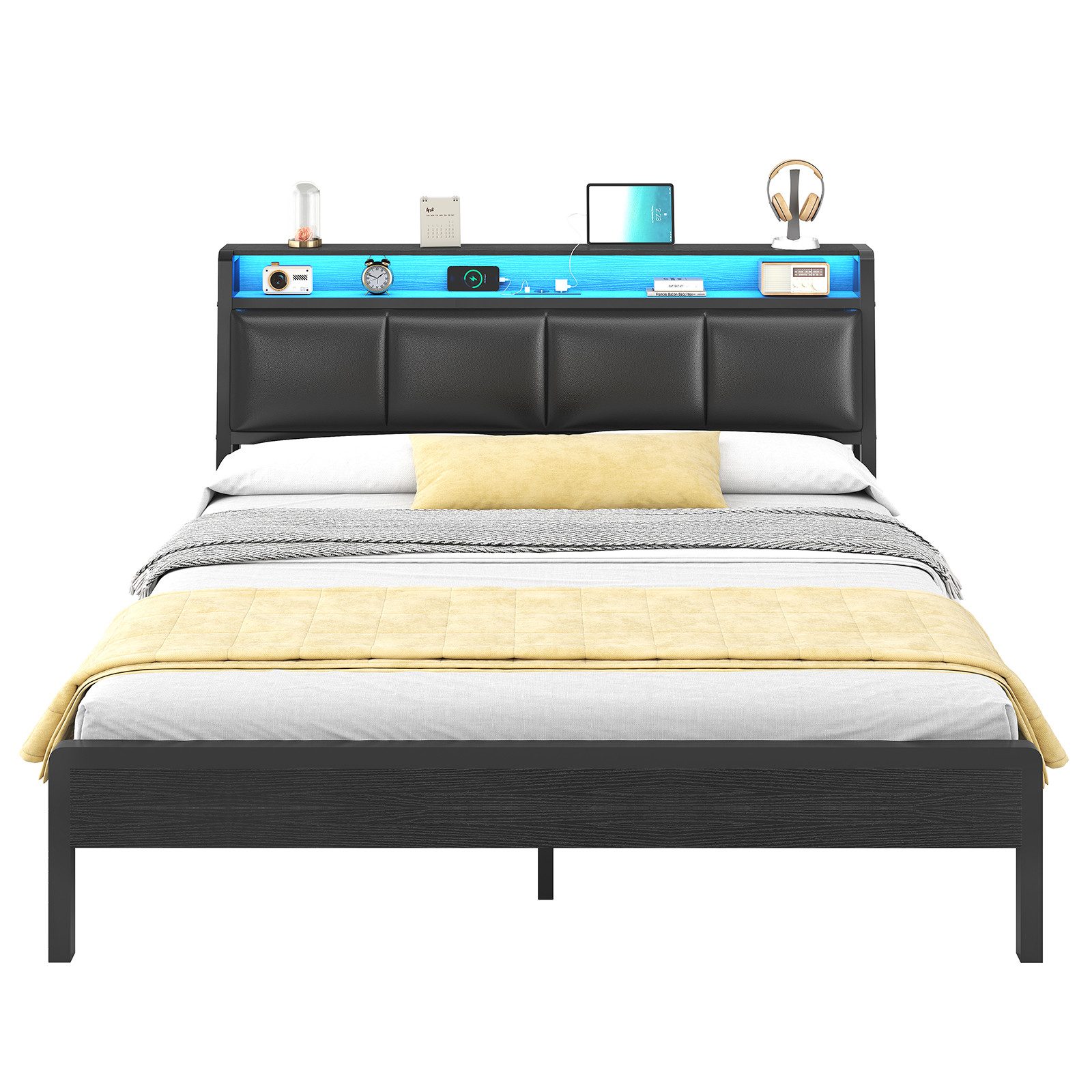 KIMENICH Polsterbett mit RGB-LED-Beleuchtung und Ladestation, Plattformbett Doppelbett (Ohne Matratze), Offenes Kopfteilfach mit Steckdosen, 105° Neigung, 140x200cm