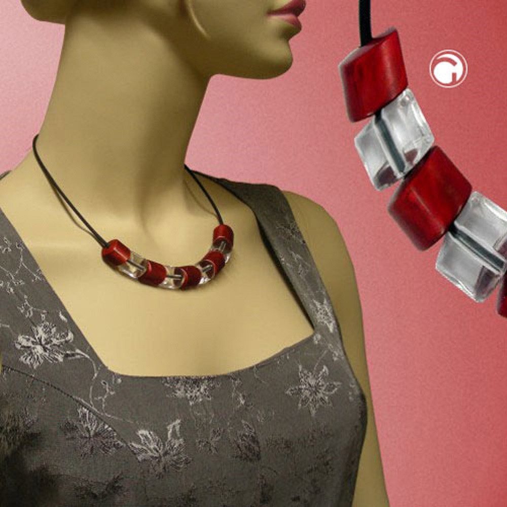 unbespielt Collier Kette Kunststoff-Schrägperle rot-kristall auf Gummi Länge 45 cm, Modeschmuck für Damen