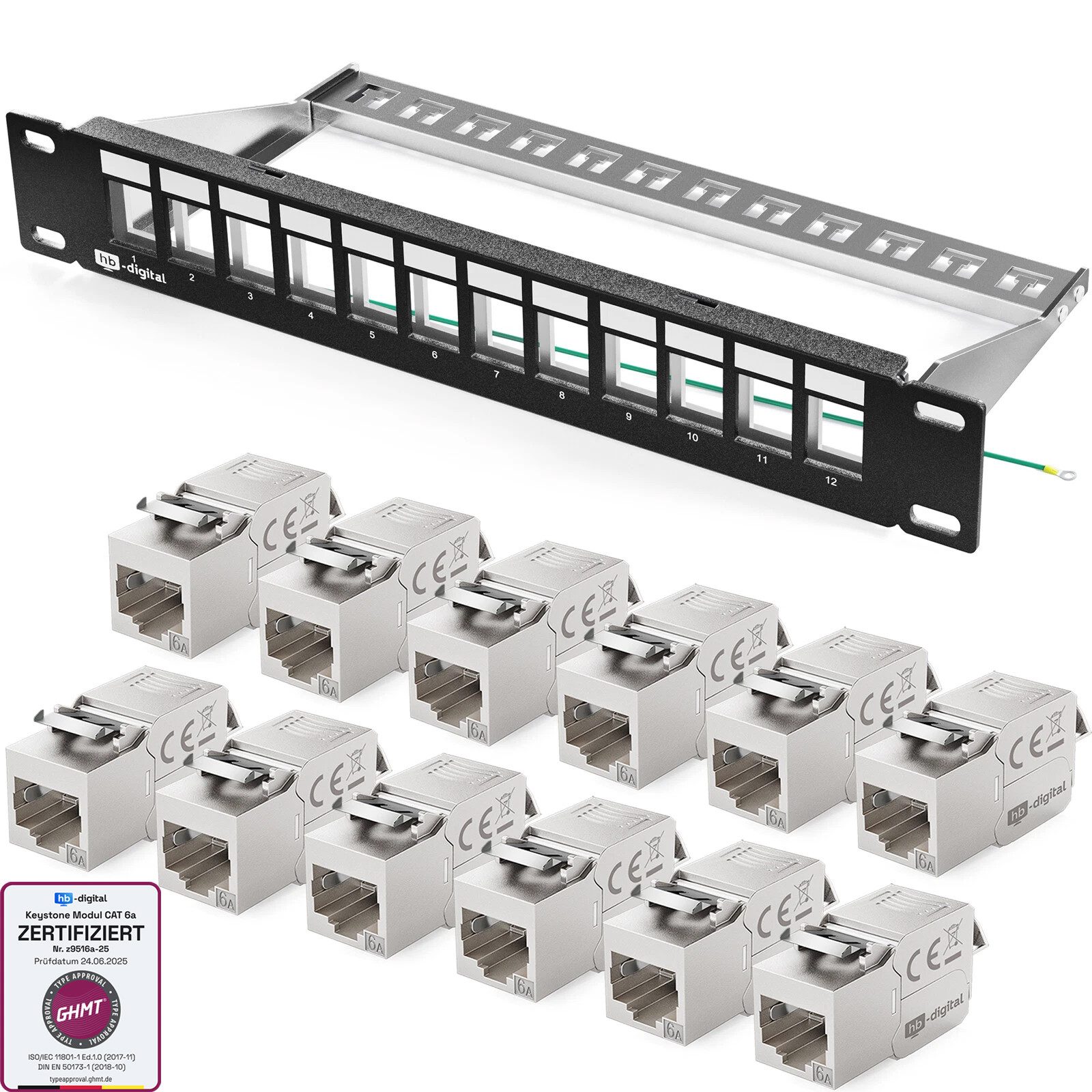 HB-DIGITAL hb-digital Patchpanel 10 Zoll 12 Port mit CAT 6a Keystone 1HE schwarz Netzwerk-Panel (12 Port, 1 HE, mit Cat 6a Keystone Modul RJ45)