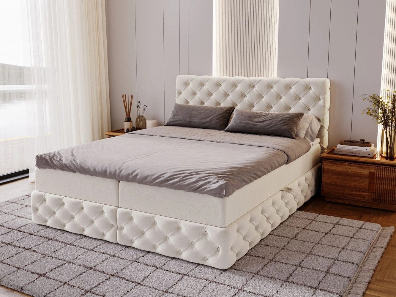 GrainGold Boxspringbett mit Bettkästen CANOLO, Modern Bett mit Kopfteil - 140x200 cm, Creme (1x Bett + 1x Topper)