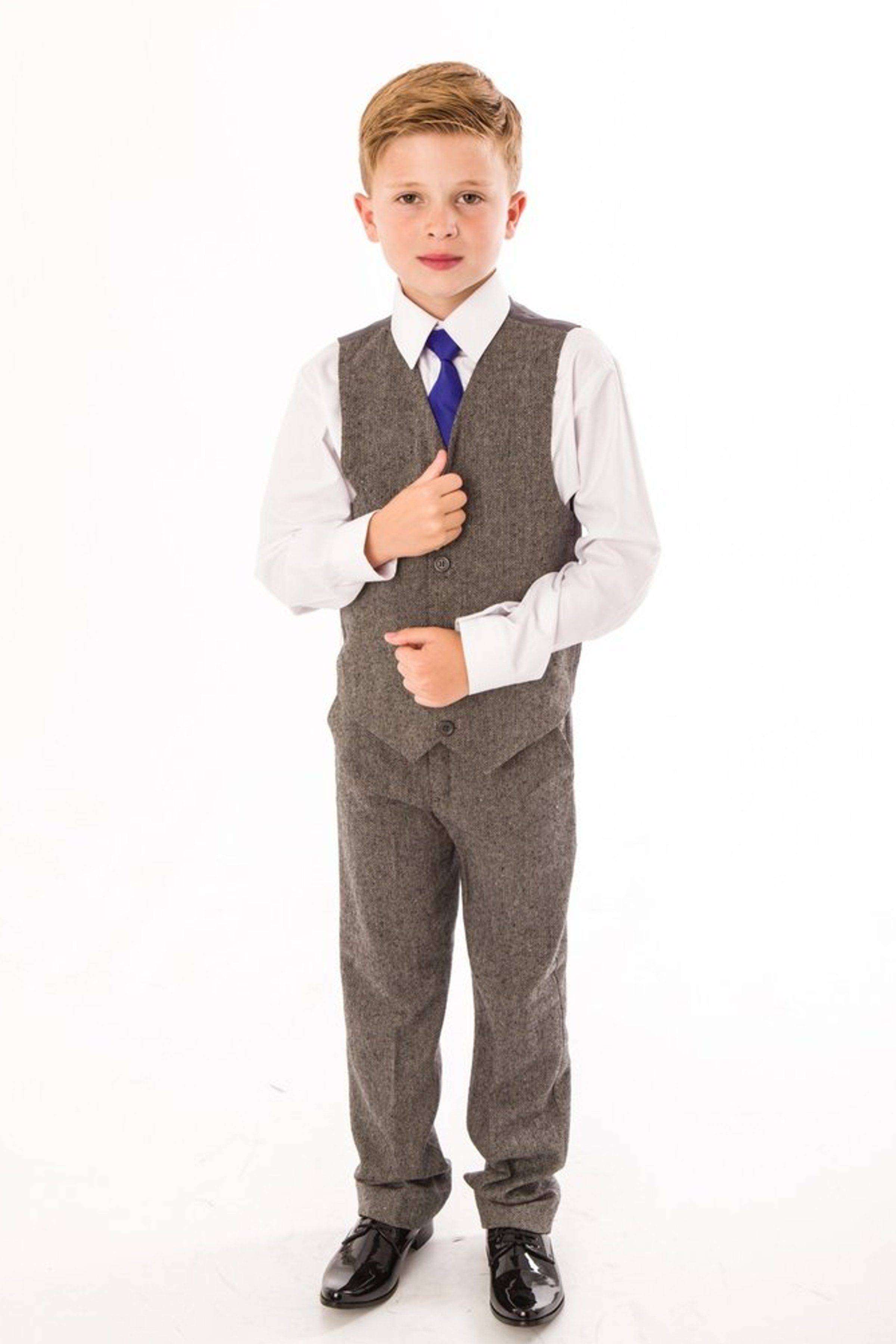 Melli-Trends Kinderanzug Twid Festlicher Jungen Anzug, 4-teilig, grau (Set:  Hose, Weste, Hemd und Krawatte) Eleganter Look, Tweed-Optik