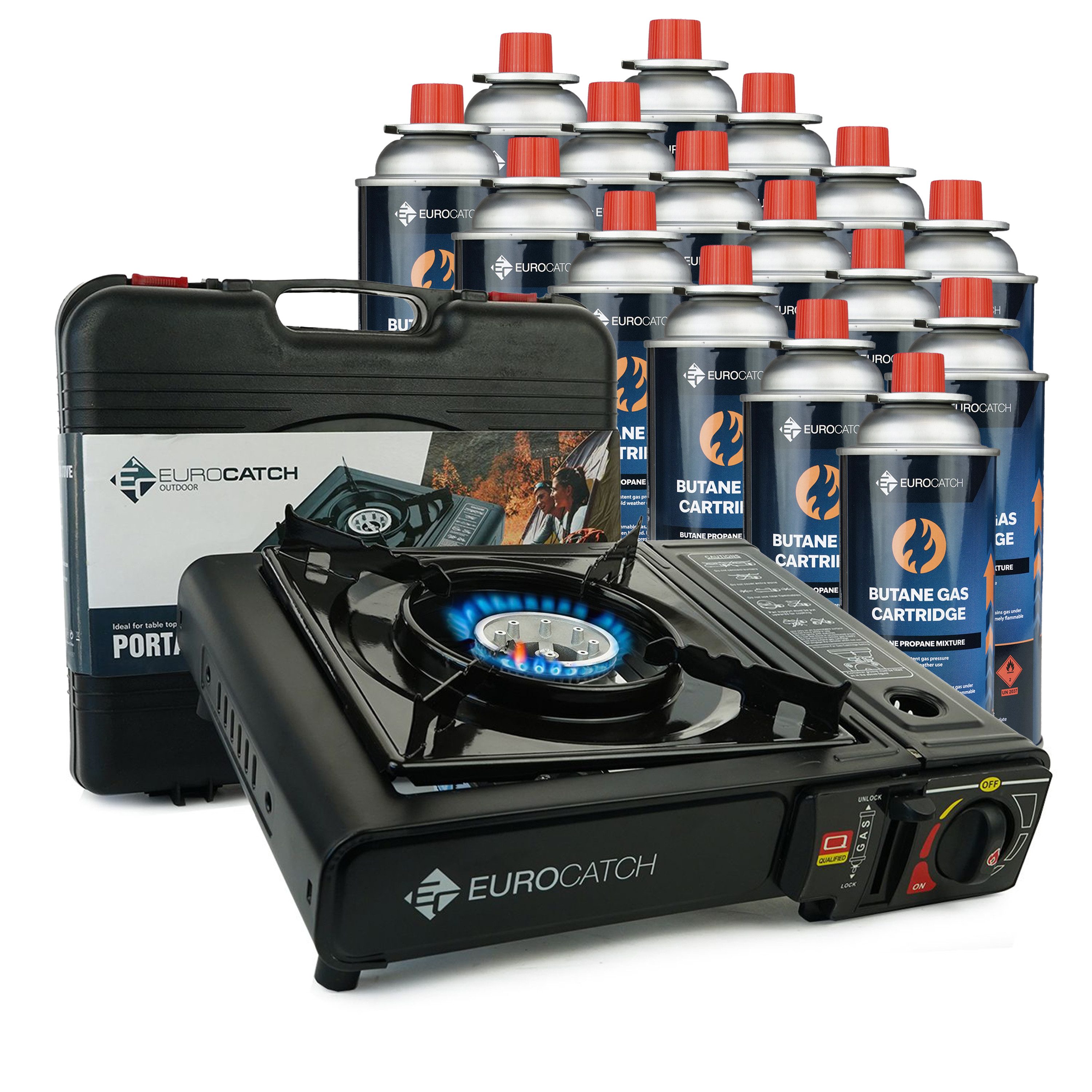 Eurocatch Fishing Gaskocher Eurocatch Camping-Gaskocher, (Set, 4-St., Gaskocher mit 4 Gaskartuschen und Transportkoffer), kompakt, integriertes Kartuschenfach, ohne Batterien verwendbar
