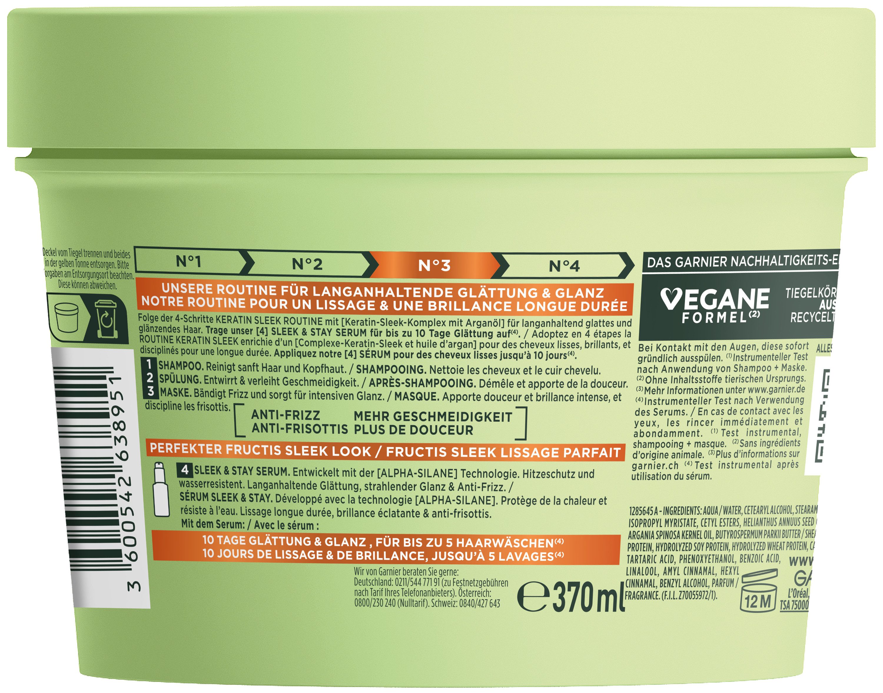GARNIER Haarmaske GARNIER FRUCTIS KERATIN SLEEK, Für trockenes, zu Frizz neigendes Haar, sorgt für gesundes Aussehen.
