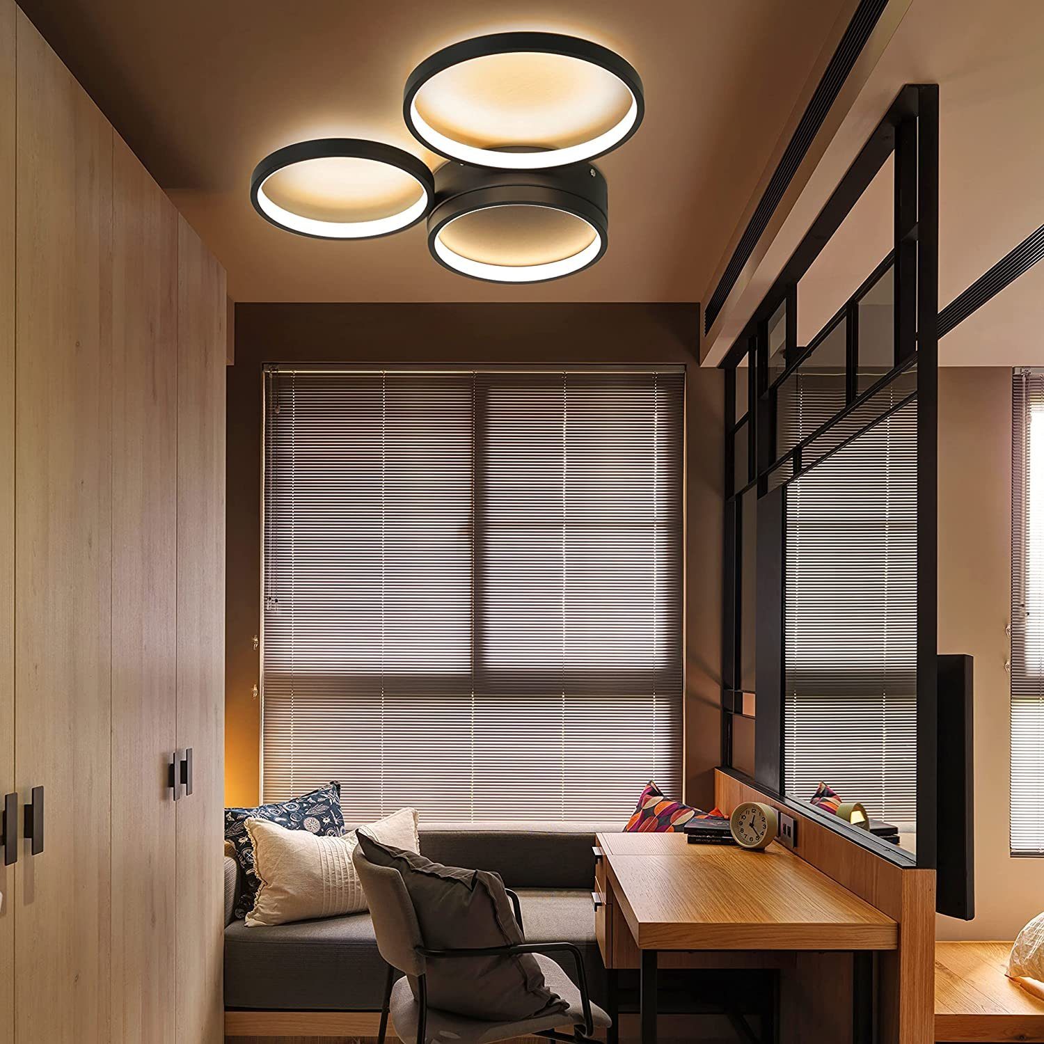Nettlife LED Deckenleuchte Esszimmer Schwarz Deko, Flur Küche Warmweiß, Ringe LED mit Schlafzimmer Modern integriert, 3 Deckenlampe Wohnzimmer für 22W Kinderzimmer fest