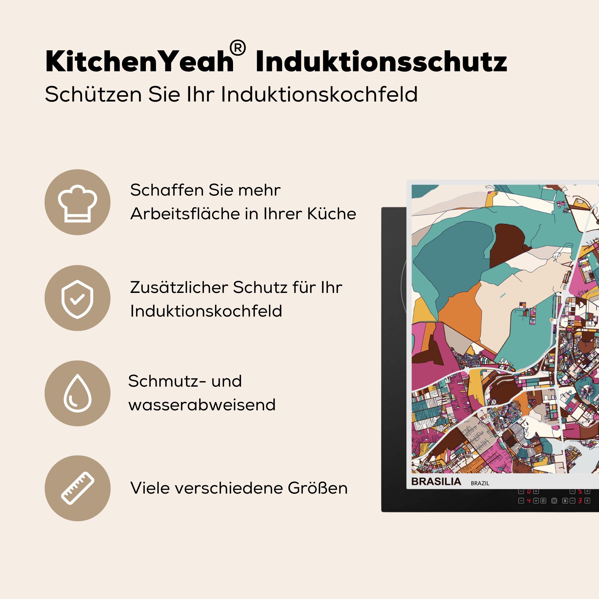 von einer (1 Illustration 70x52 MuchoWow Ceranfeldabdeckung bunten nutzbar, Brasilia, Mobile cm, Herdblende-/Abdeckplatte Karte Vinyl, tlg), Arbeitsfläche