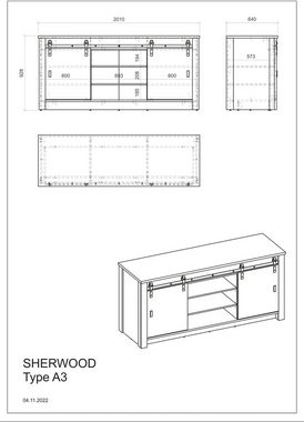 Home affaire Spülenschrank Sherwood Breite 201 cm, mit Scheunentorbeschlag aus Metall