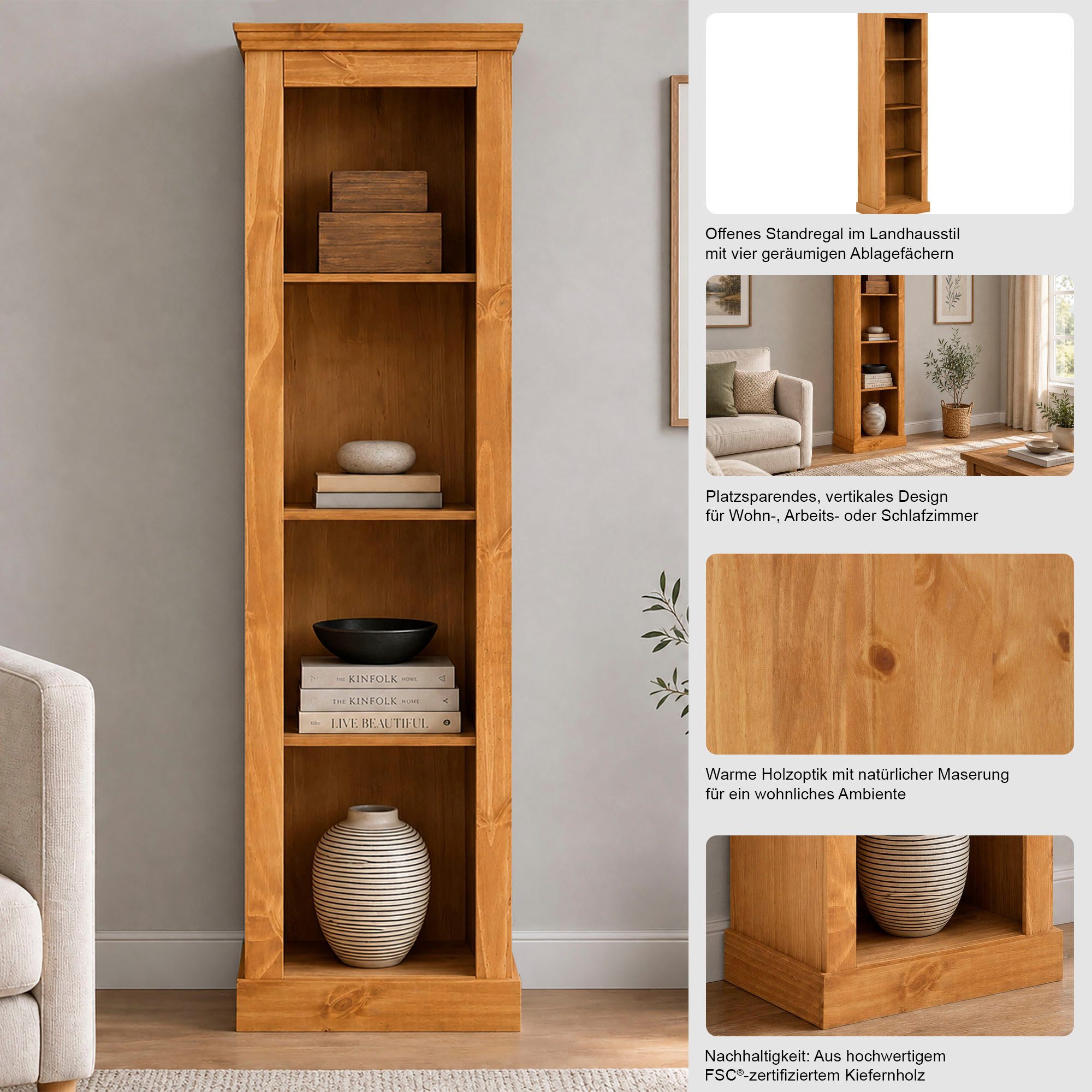 OTTO home Stauraumregal Selma, 1-tlg., Kiefernholz, feste und verstellbare Böden, Breite 55 cm, Höhe 180 cm – Bild 3 von 5