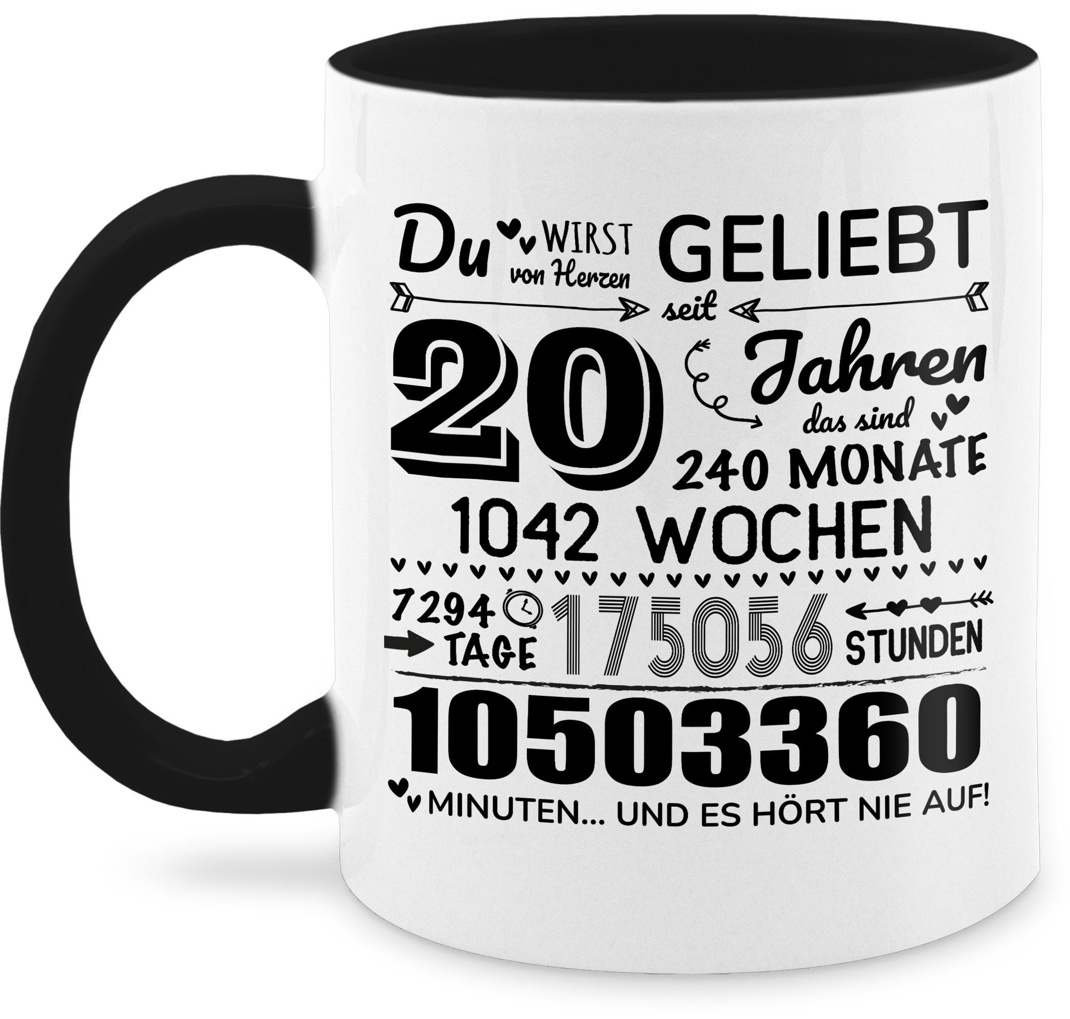 Shirtracer Tasse 20 Jahre - Du wirst von Herzen geliebt, 20. Geburtstag, 20 Jahre Geb, Keramik, 20. Geburtstag Tasse