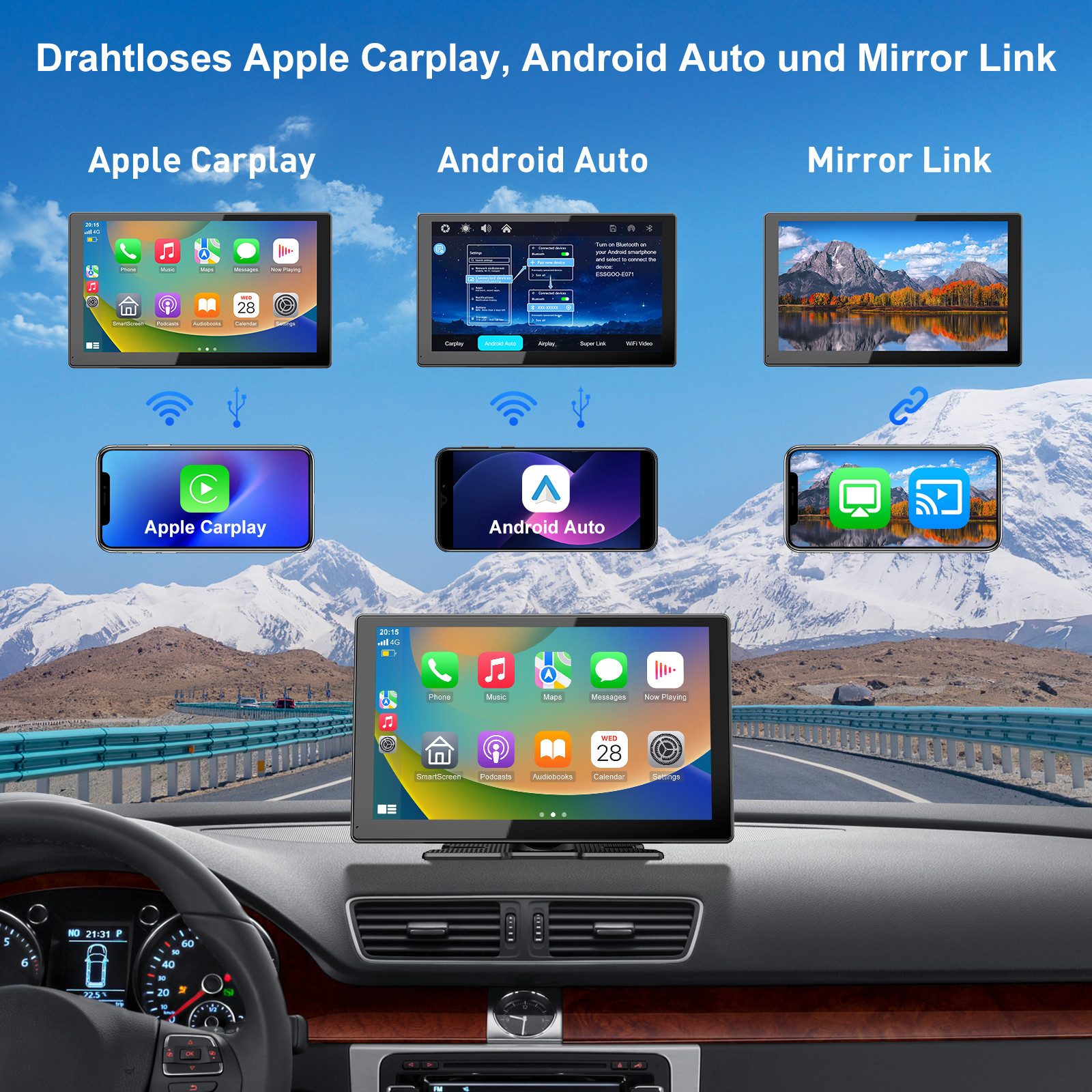 ESSGOO Wireless Carplay Android Auto real 4K Dashcam BT mit Rückfahrkamera Navigationsgerät