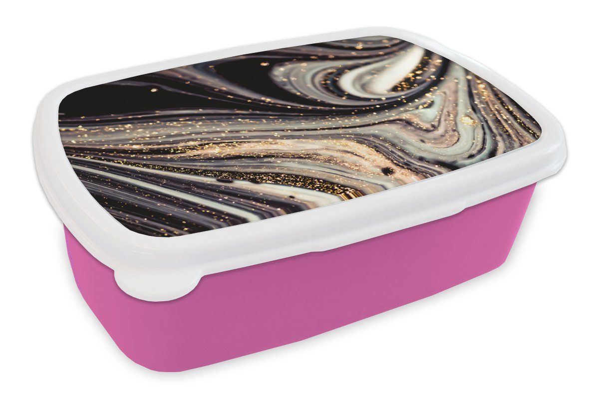 MuchoWow Lunchbox Marmoroptik - Schwarz - Gold - Weiß - Glitter - Marmor, Kunststoff, (2-tlg), Brotbox für Erwachsene, Brotdose Kinder, Snackbox, Mädchen, Kunststoff rosa