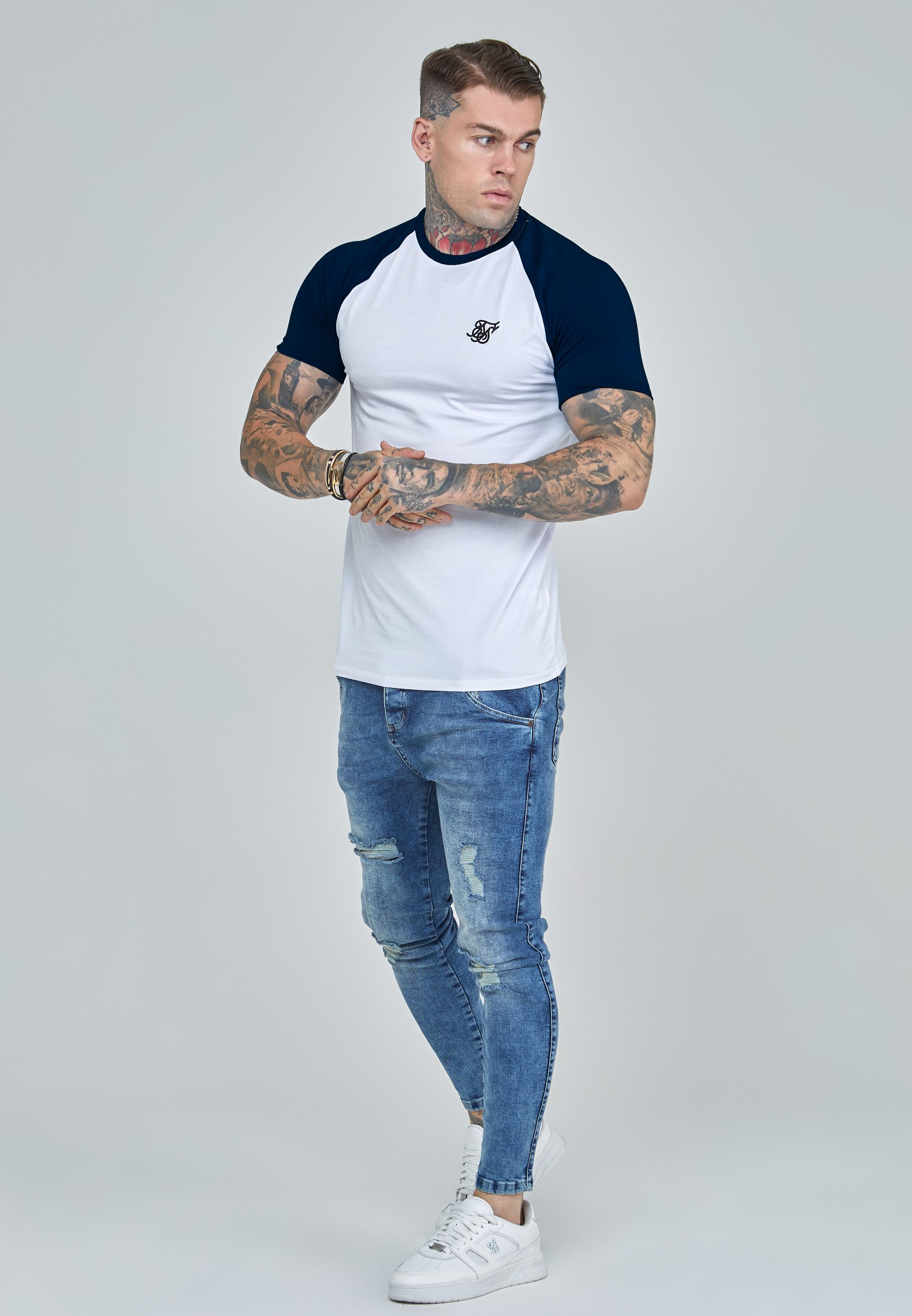 Siksilk T-Shirt SikSilk Herren Weiß and Navyblau Raglan T-Shirt