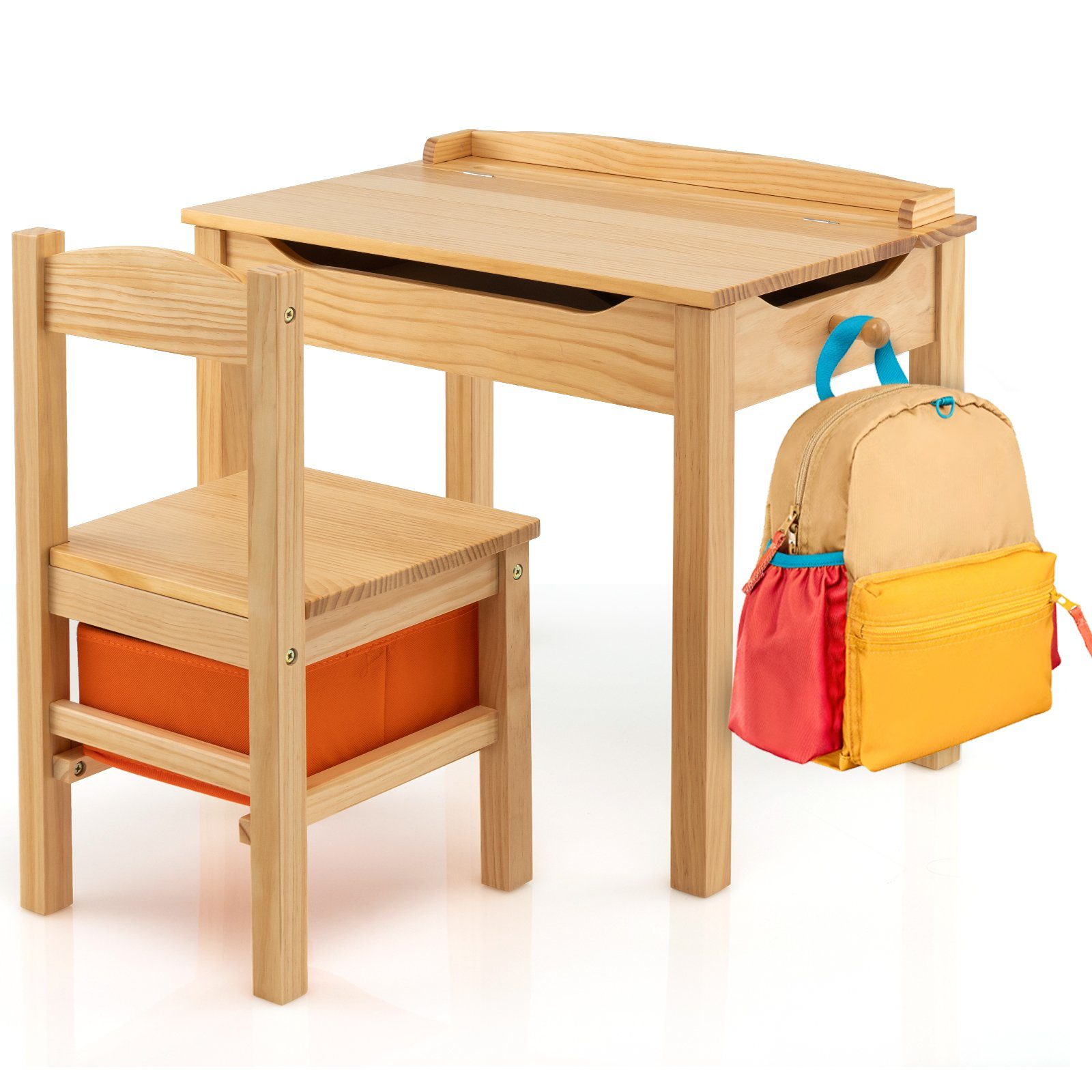 Stuhl, natur mit Kindersitzgruppe Holz, COSTWAY mit Kindertisch Stauraum aus
