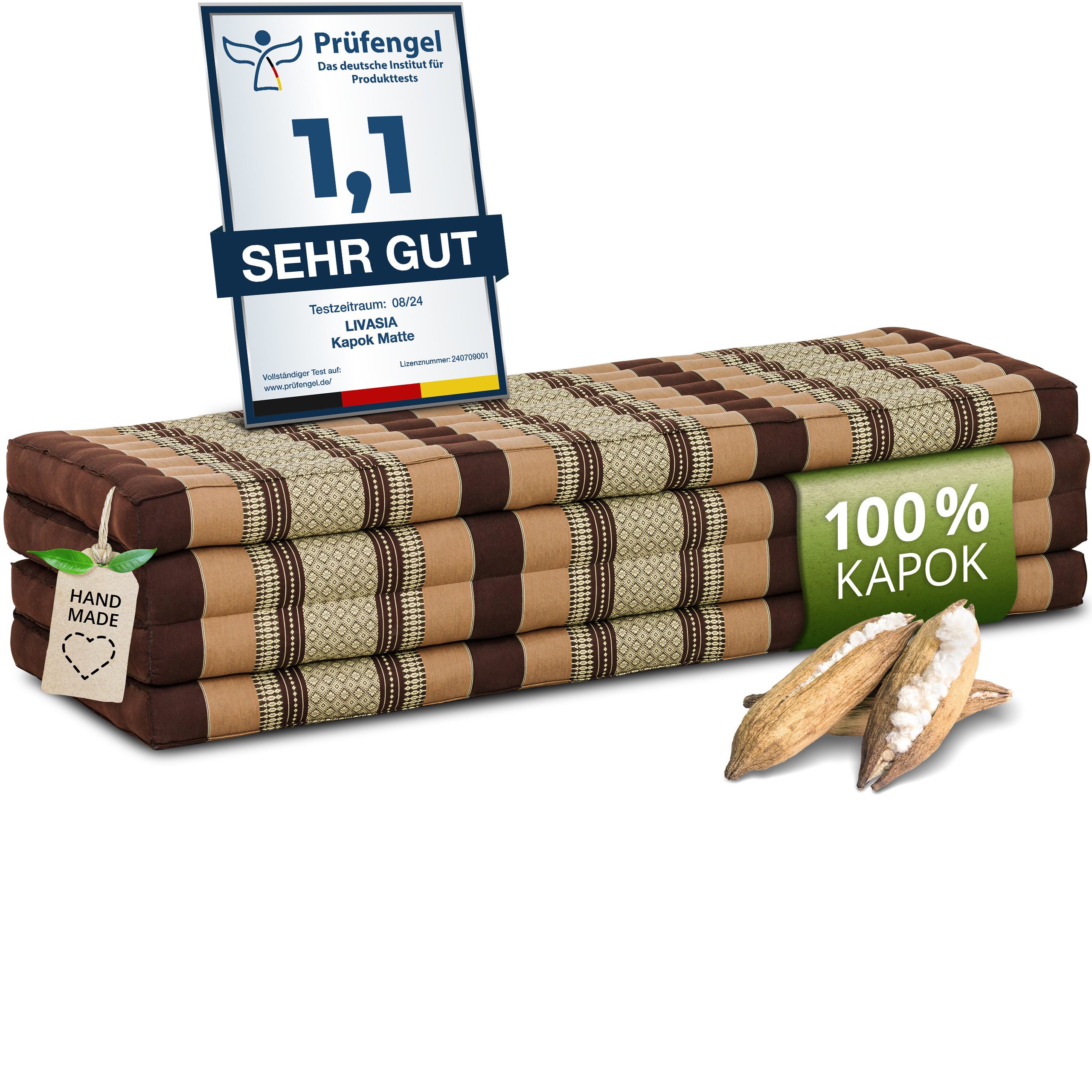 Klappmatratze Faltmatratze 140 cm (Classic) - 200x140x8cm -, livasia, 8 cm hoch, Kapok, vegan, handgefertigt