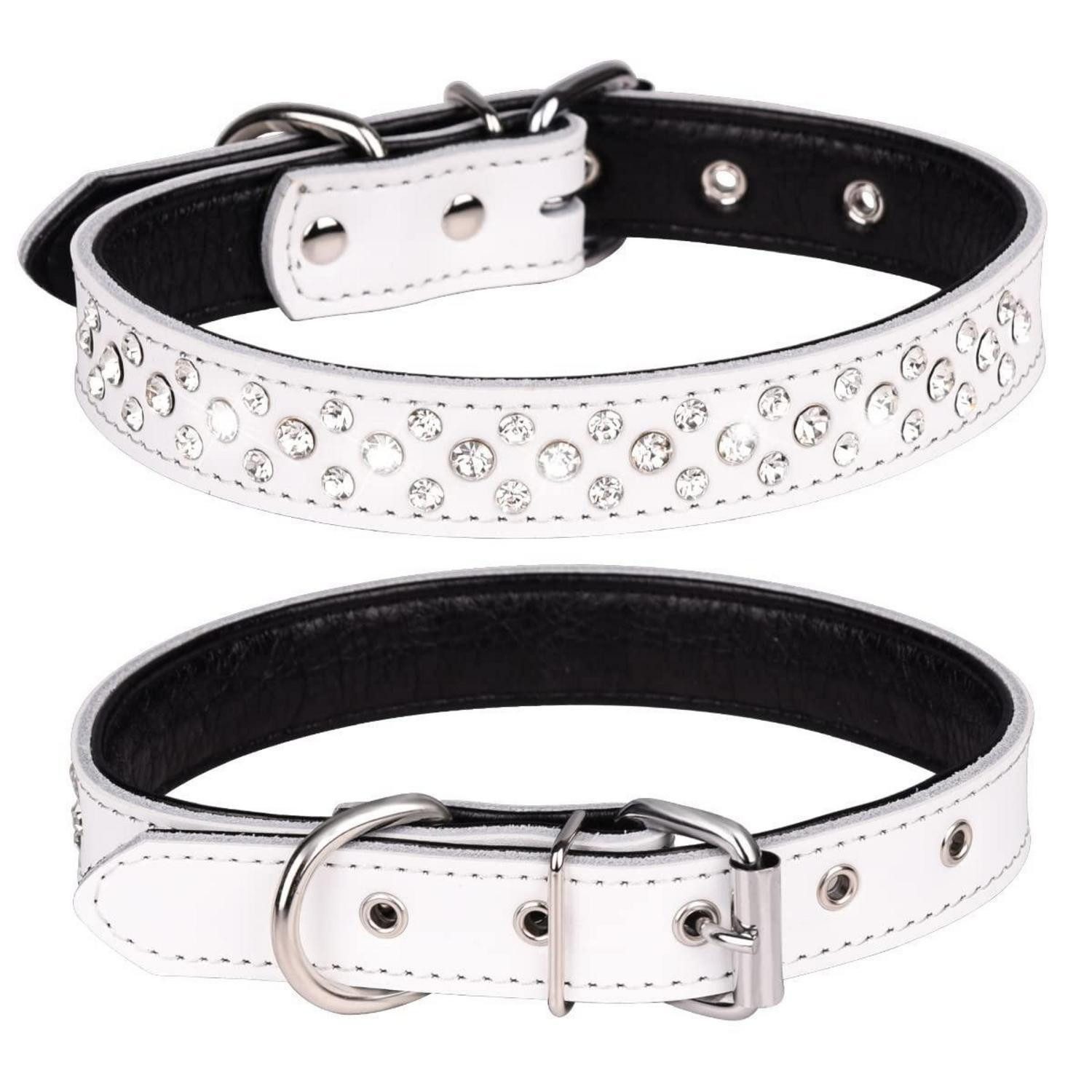 LuxusKollektion Hunde-Halsband Hundehalsband Leder Strass weiß M, Leder