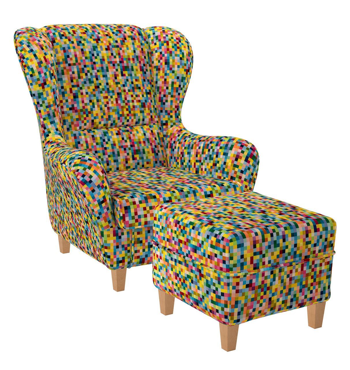 Supellex Ohrensessel Sofia Relaxsessel mit Hocker Design Pixel kariert bunt