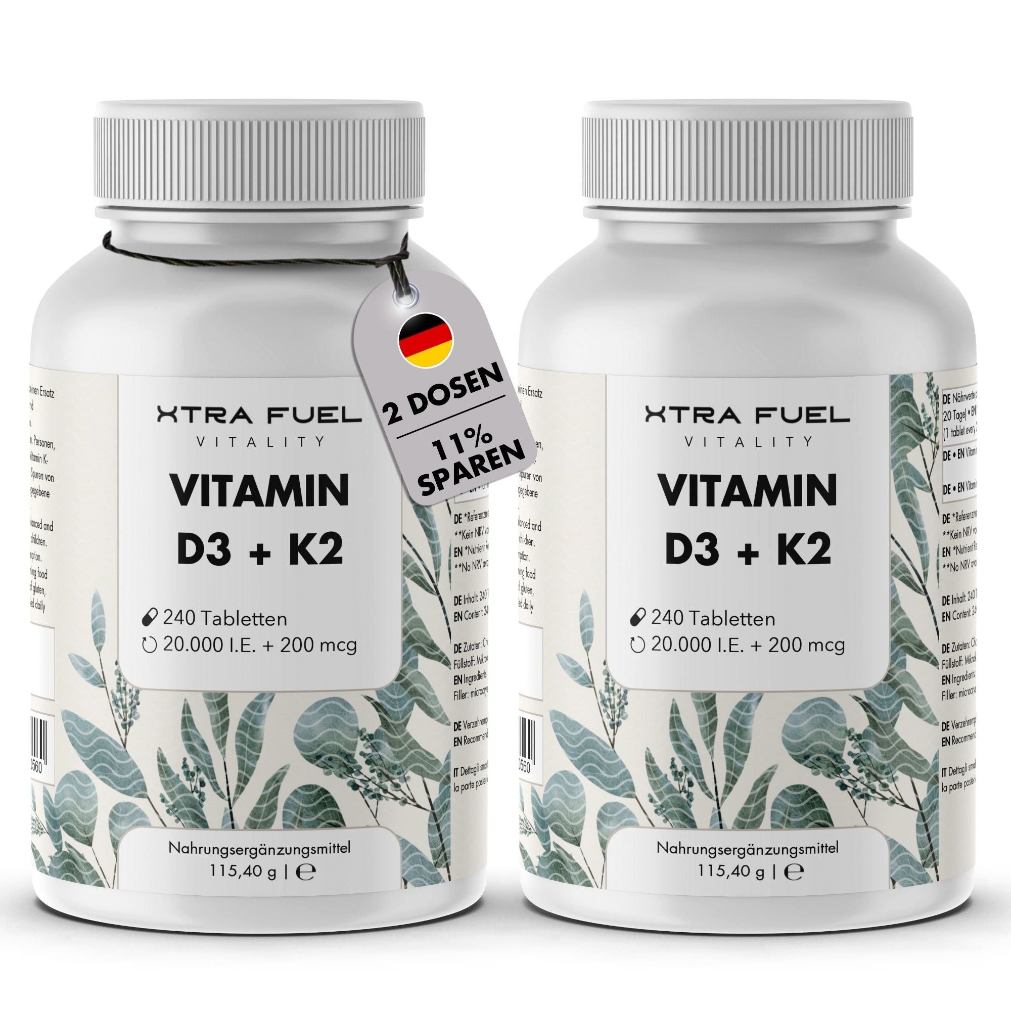XTRA FUEL Vitamin D3 + K2 240 Tabletten - 20.000 I.E. + 200mcg - 100% rein Tablette, 230.8 g