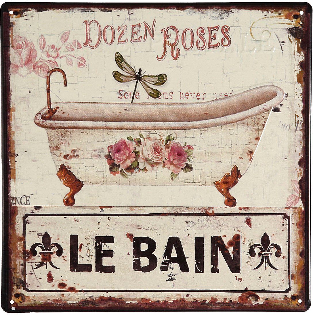 Ambiente Haus Metallbild Le Bain 30x30cm, (1 St), mit Schriftzug und Rosen