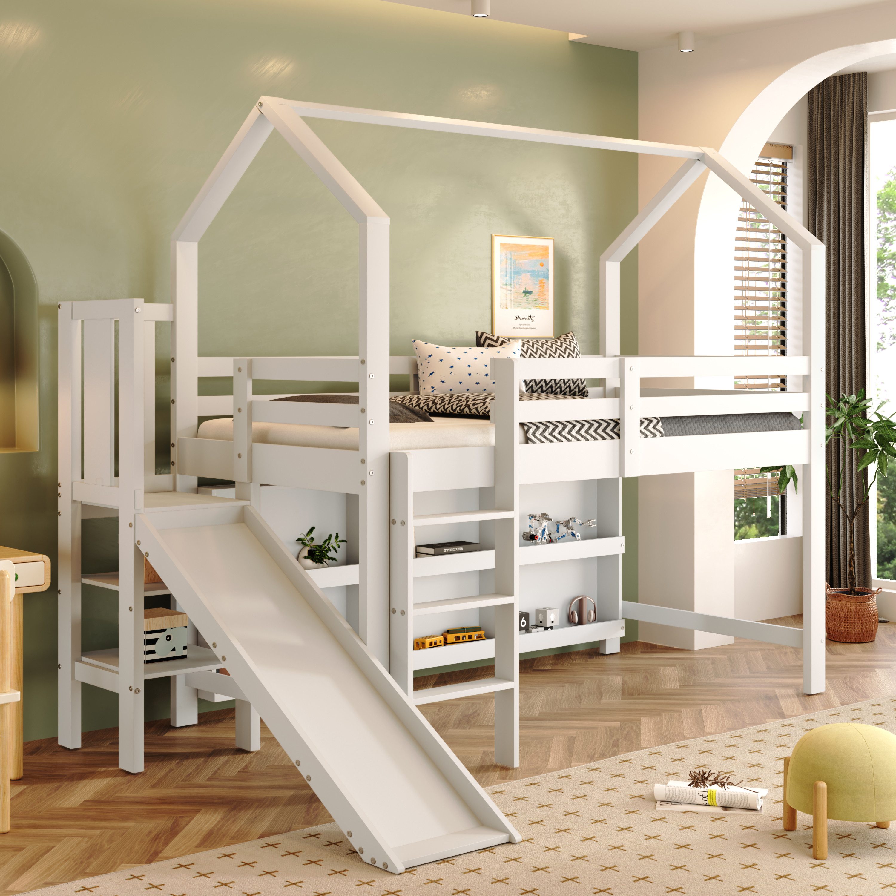Flieks Hochbett Kinderbett 90x200cm mit Rutsche, Leiter und beweglichem Sch günstig online kaufen