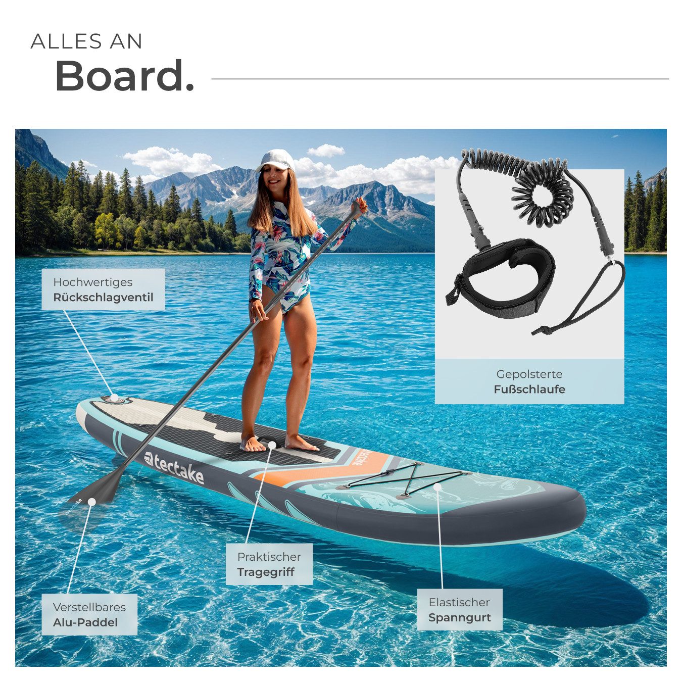 tectake SUP-Board Sup Zenon - Aufblasbares Allroundboard mit Kippstabilität, Stand-up Paddle, (stand up paddling board Zenon, in türkis/orange), 3-Finnensystem für optimale Spurtreue