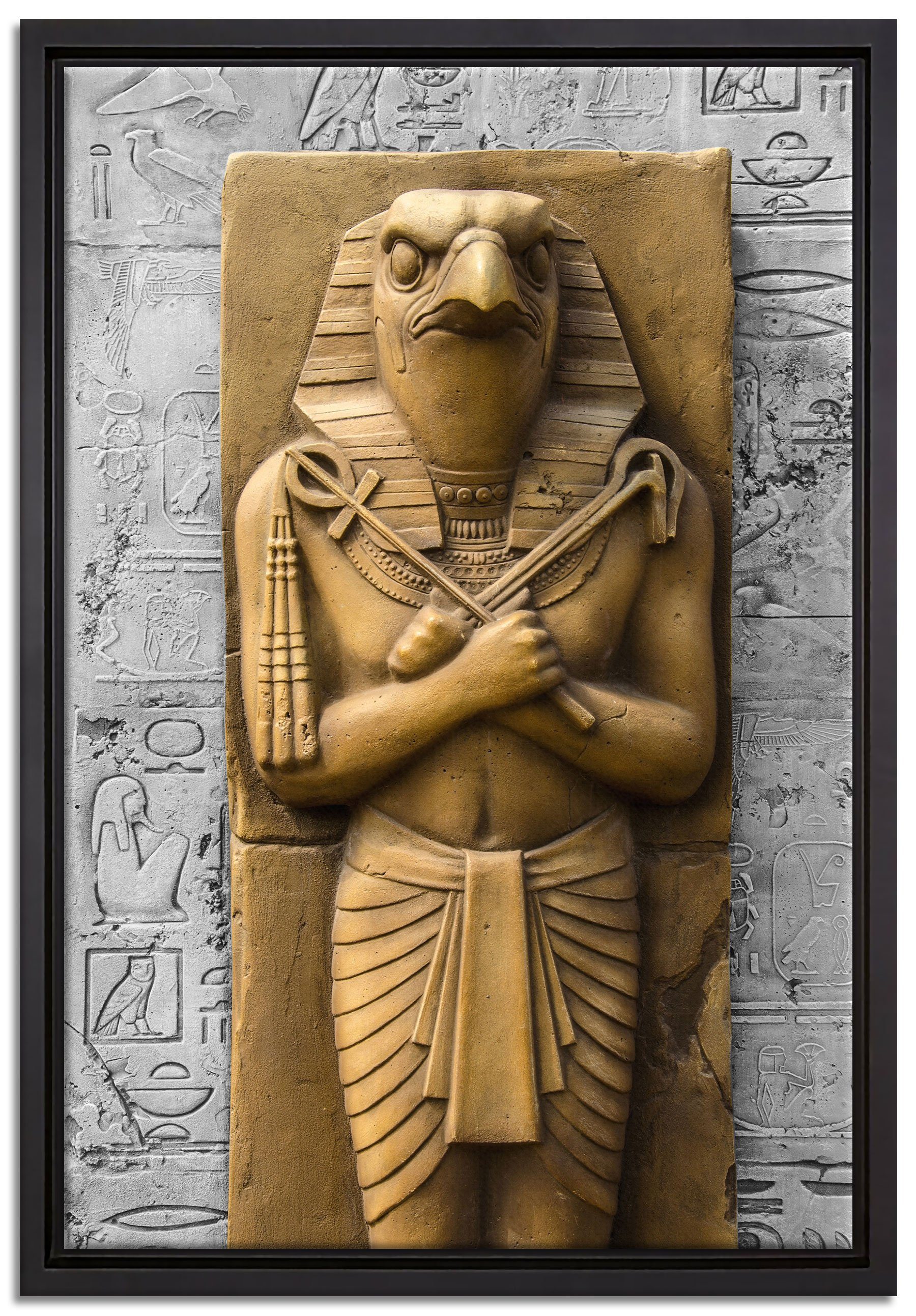 bespannt, gefasst, (1 Zackenaufhänger ägyptische Schattenfugen-Bilderrahmen Horus Leinwandbild der Leinwandbild einem fertig in inkl. Gott, St), Pixxprint Wanddekoration