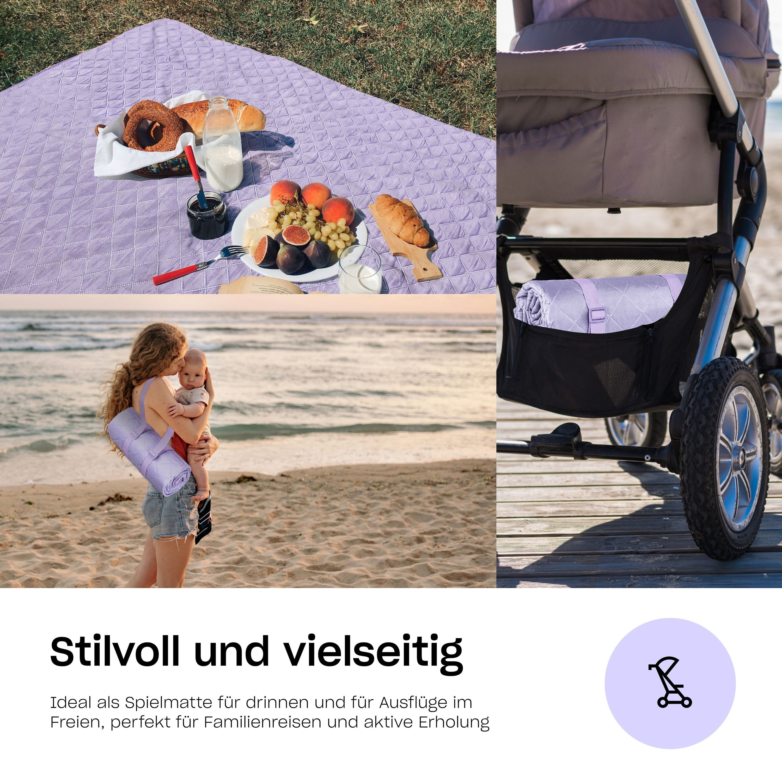 Babydecke Hylat Baby Picknickdecke - gesteppte Stranddecke - wasserabweisend, Hylat Baby, Picknickdecke - gesteppte Stranddecke- wasserabweisend - Violett