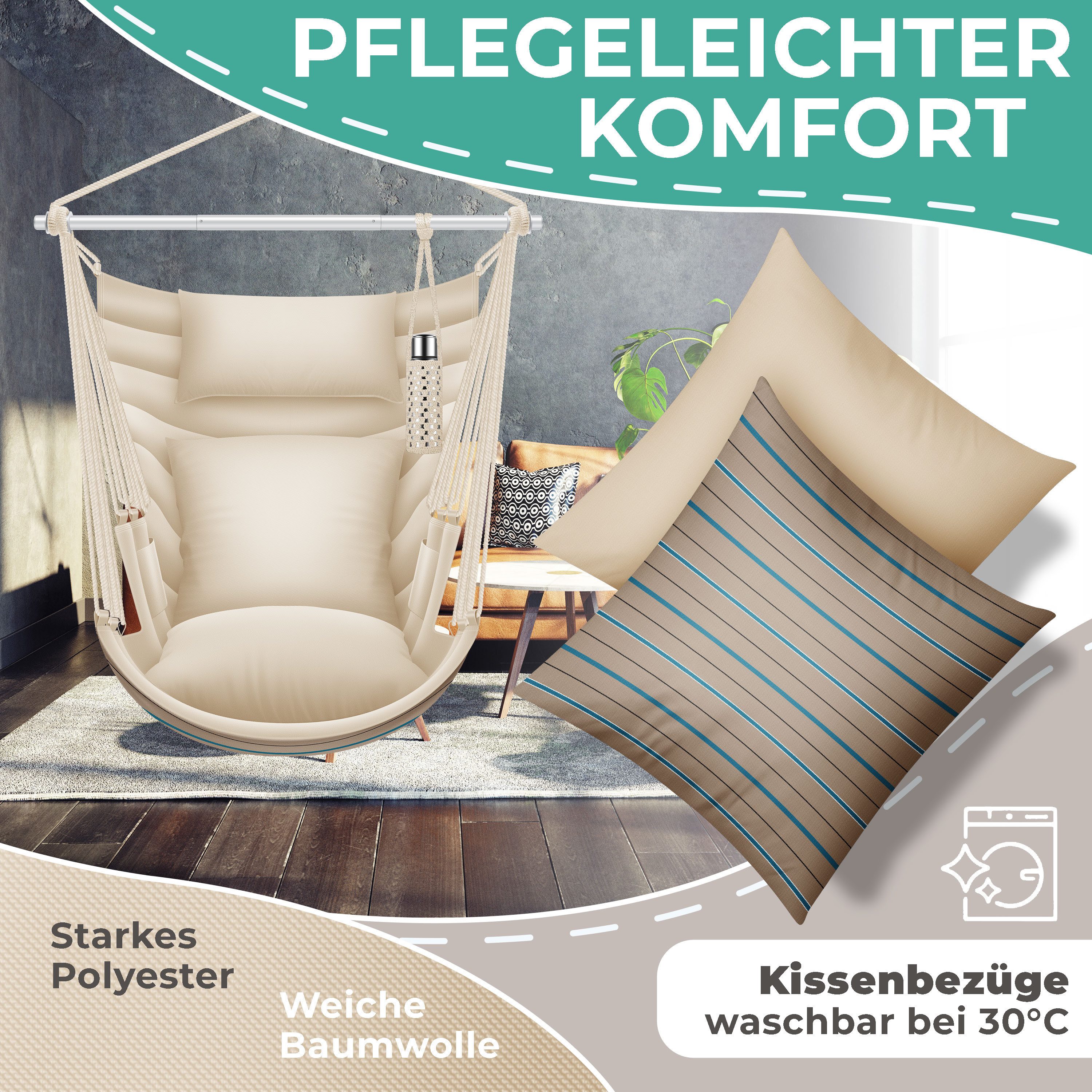 KESSER Hängesessel Haiti 150kg Traglast, Indoor & Outdoor Hängestuhl (Hängeschaukel mit 2 Kissen, Tragetasche, Flaschenhalter & Montage-Set), 360° Hängematte Pf – Bild 4 von 5