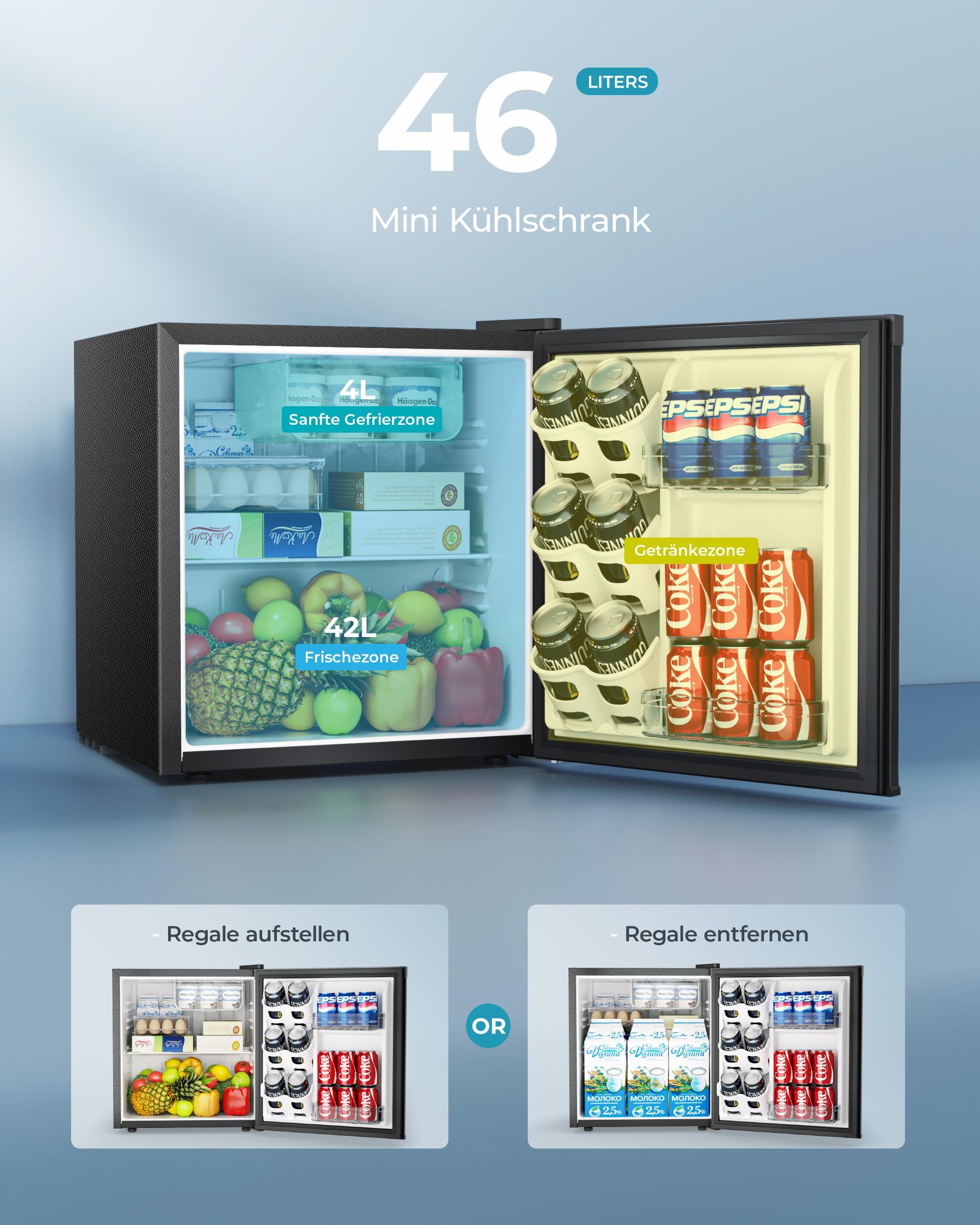 EUHOMY Kühlschrank 46L Mini-Kühlschrank mit Gefrierfach,reversibler Einzeltür Minikühlschrank, 45.8 cm hoch, 44.5 cm breit, 7-stufigem Thermostat Kühlfach, 39 dB, für Schlafzimmer/Büro