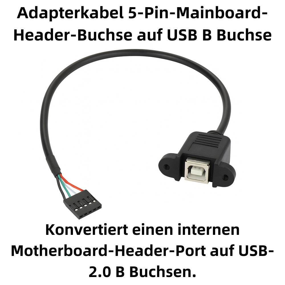Bolwins Q84 5-Pin Mainboard-USB Adapterkabel – Header Buchse auf USB-B Computer-Kabel, USB 2.0 5-Pin Pin Header (Pfostenstecker), USB 2.0 Typ-B Buchse (festbar) (30 cm), Interner Mainboard-Anschluss, festbare Typ-B-Buchse