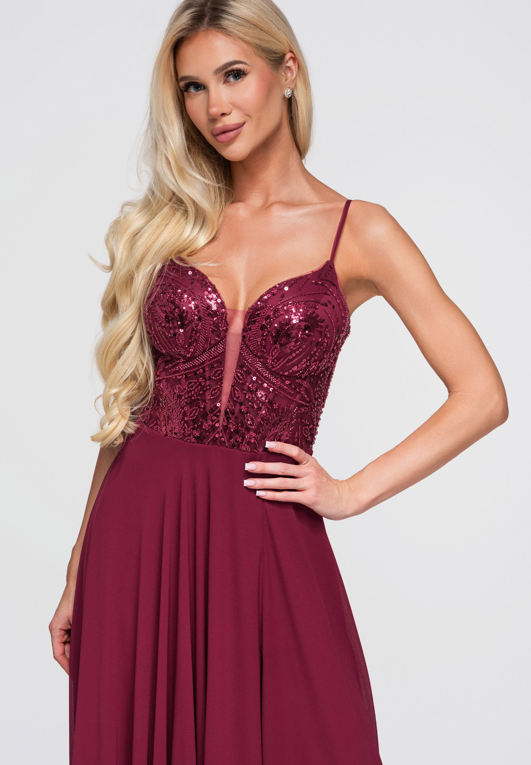 OMBRE Abendkleid Damen Abendkleid mit tiefem Dekolleté und Gorsettschnitt Bordeaux S (kein Set, 1-tlg)