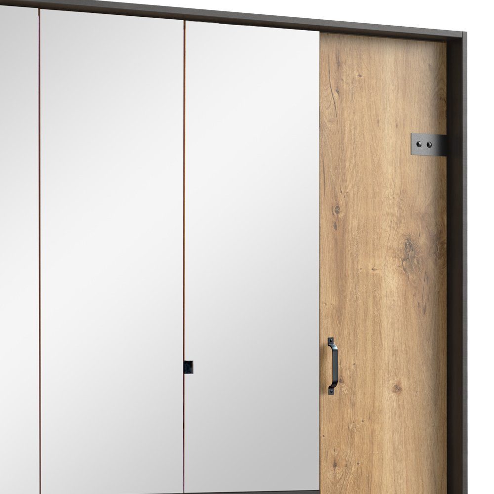 Plankeneiche Schubladen, mit Holzwerkstoff, aus viel Stauraum, Drehtürenschrank (Kleiderschrank, Modern 3-türig, Mehrzweckschrank) Stylefy Metall Spiegel, Sydney Design, mit