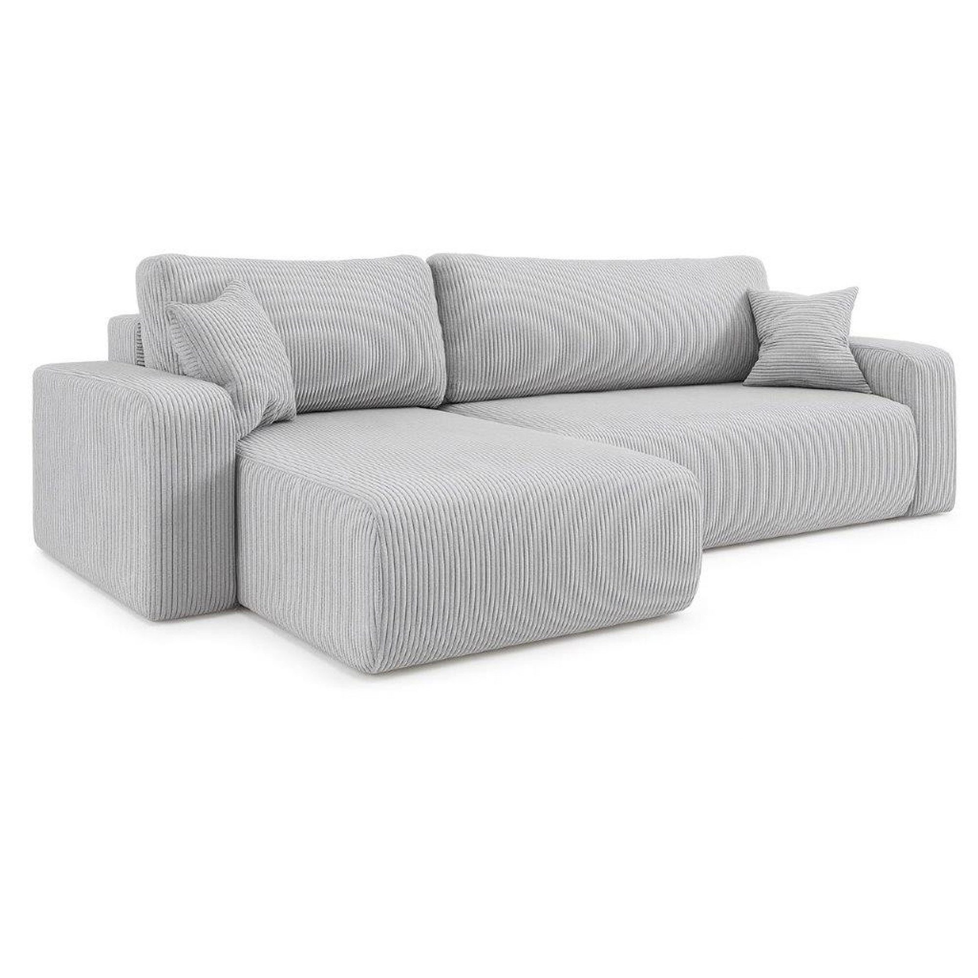 M-Punkt24 Ecksofa LYON, mit Bettfunktion – Feiner Cord Stoff – HR Schaum RG30 – Rundes Design – Universell rechts & links stellbar
