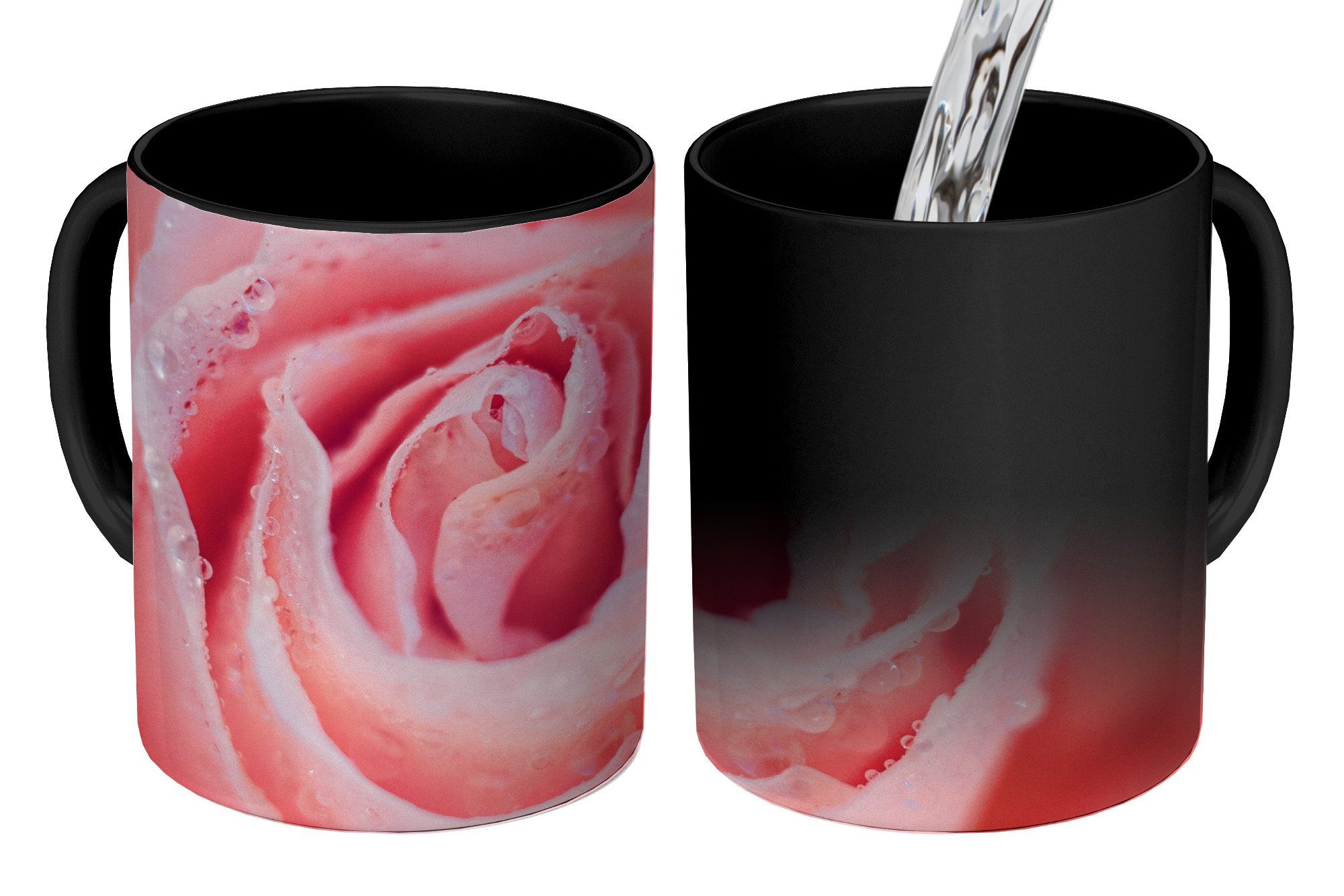 MuchoWow Tasse Morgentau auf Keramik, Rosenblättern, Farbwechsel, Teetasse, Geschenk Zaubertasse, rosa Kaffeetassen