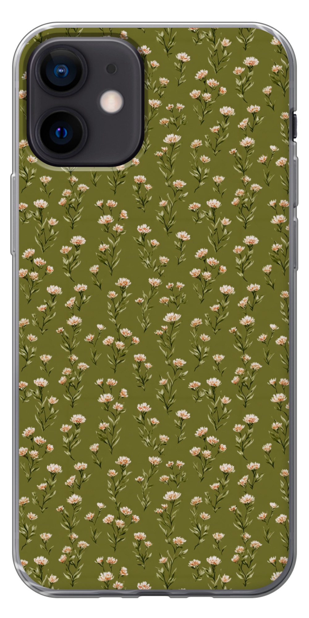 MuchoWow Handyhülle für Apple iPhone 12 Rustikal - Blumen - Grün, Smartphone-Bumper, Print, Handy Schutzhülle Dünn