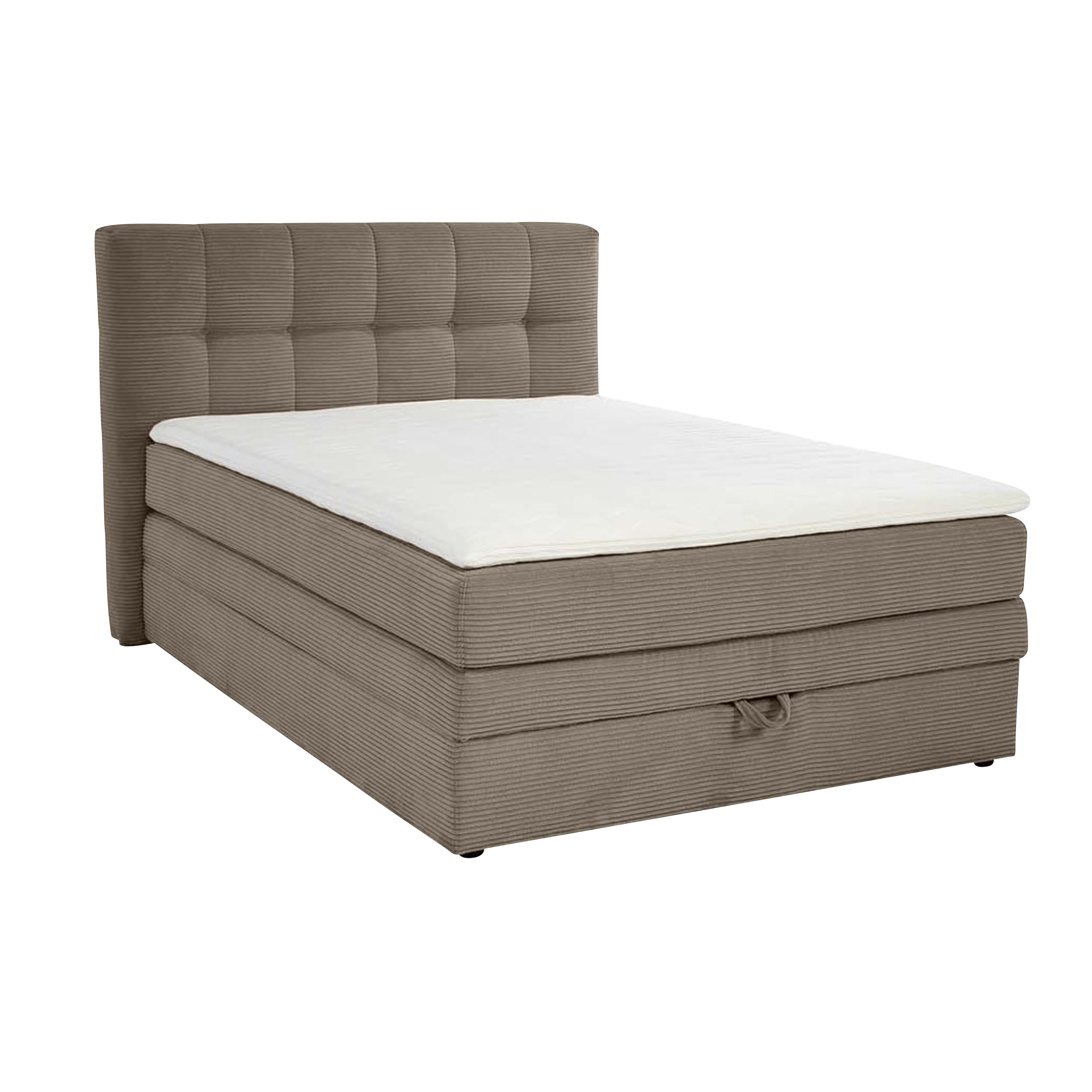 luma-home Boxspringbett 20037 (140x200 cm, 7-Zonen-Tonnentaschen-Federkernmatratze H3 inkl. Topper, Bonell-Federkernpolsterung), großer Bettkasten, Cord-Bezug in Braun Taupe