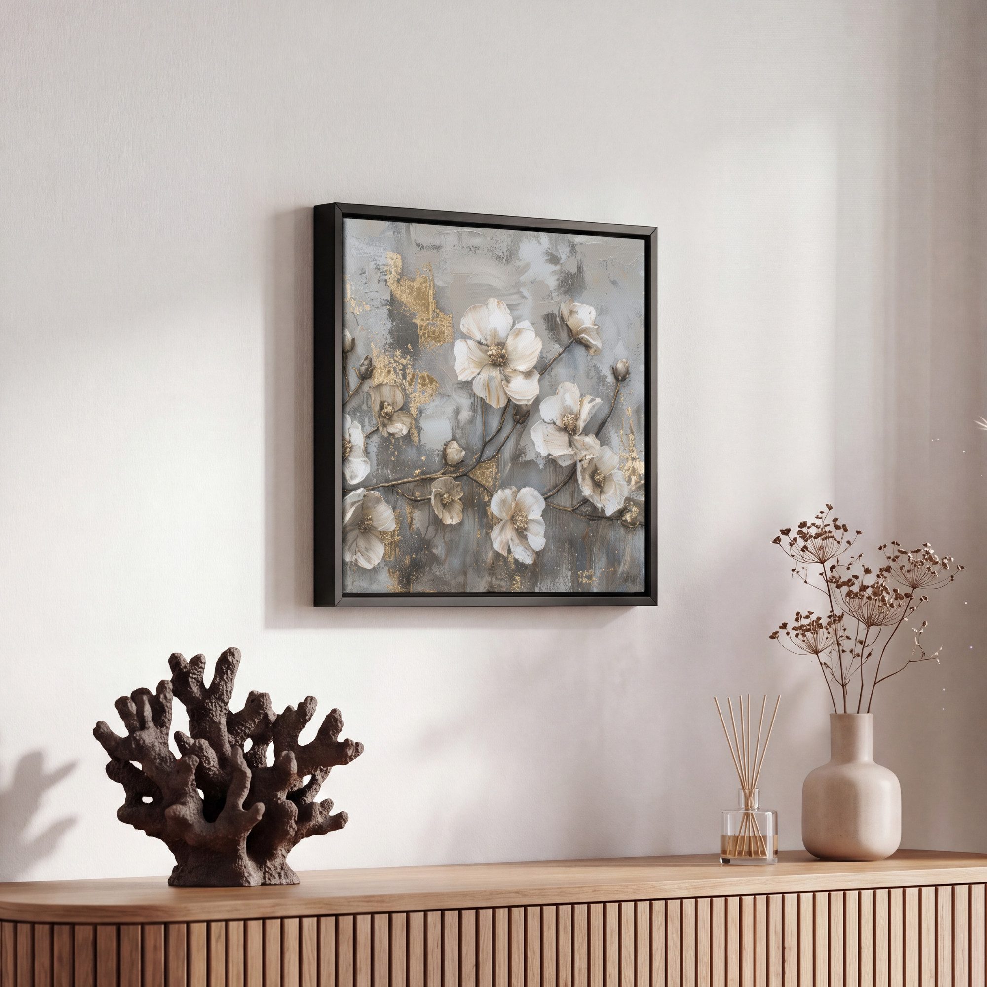 OneMillionCanvasses® Leinwandbild mit Rahmen - Blumen - Weiß - Grau - Gold - Luxus, Fotodruck (1 St), Leinwand Bilder Klein, Wand Dekoration Aesthetic 20x20cm – Bild 5 von 5