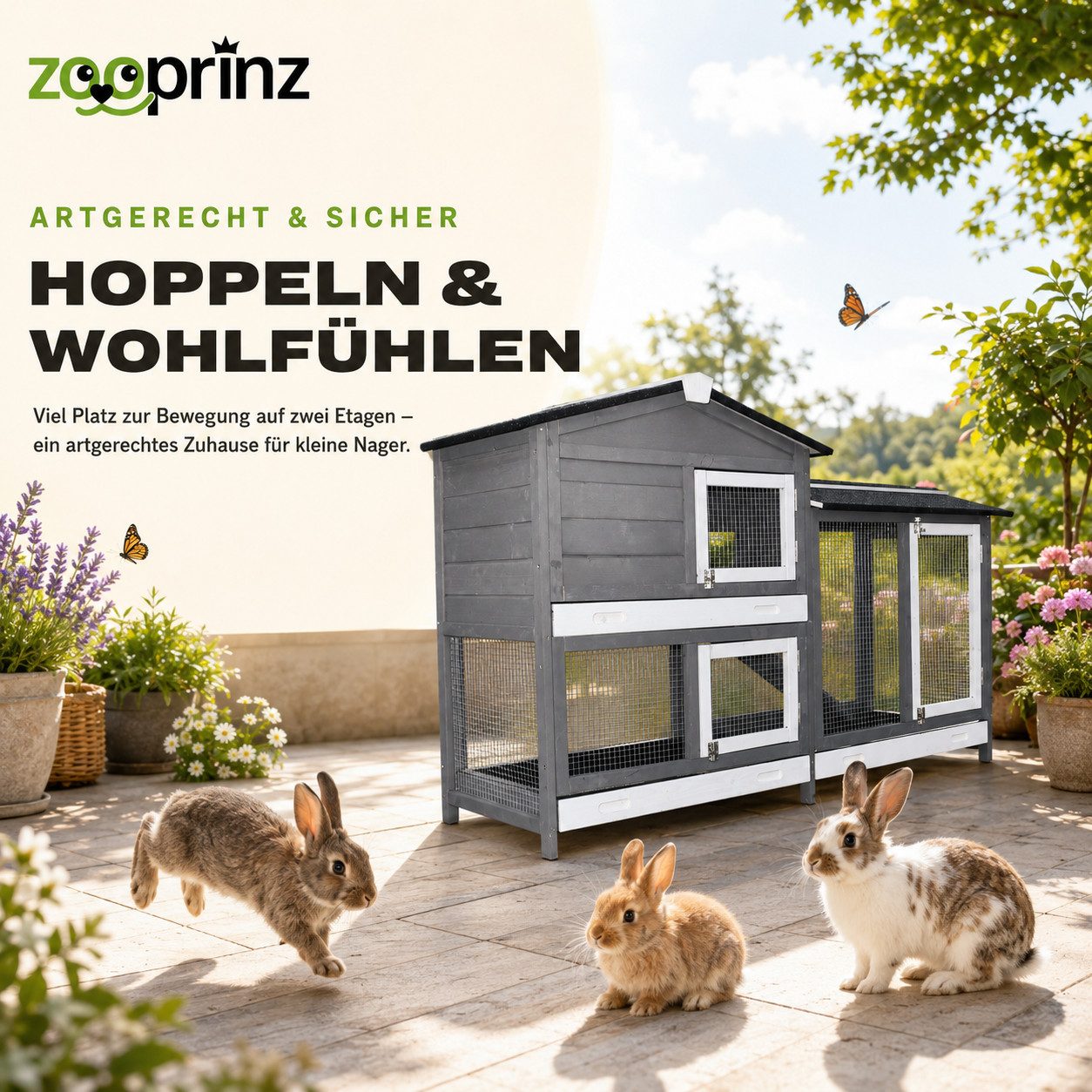 Zooprinz Kleintierstall Rudy mit Auslauf auf Stelzen 145x50x94 cm (BxHxT), Kunststoff Kotschubladen, Grau lasiertes Kiefernholz