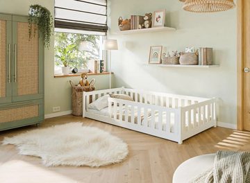 thematys Hausbett Montessori Bodenbett mit Rausfallschutz für Jungen und Mädchen (in Weiß 80x160cm Kinderbett), Rolllattenrost, aus Kieferholz massiv