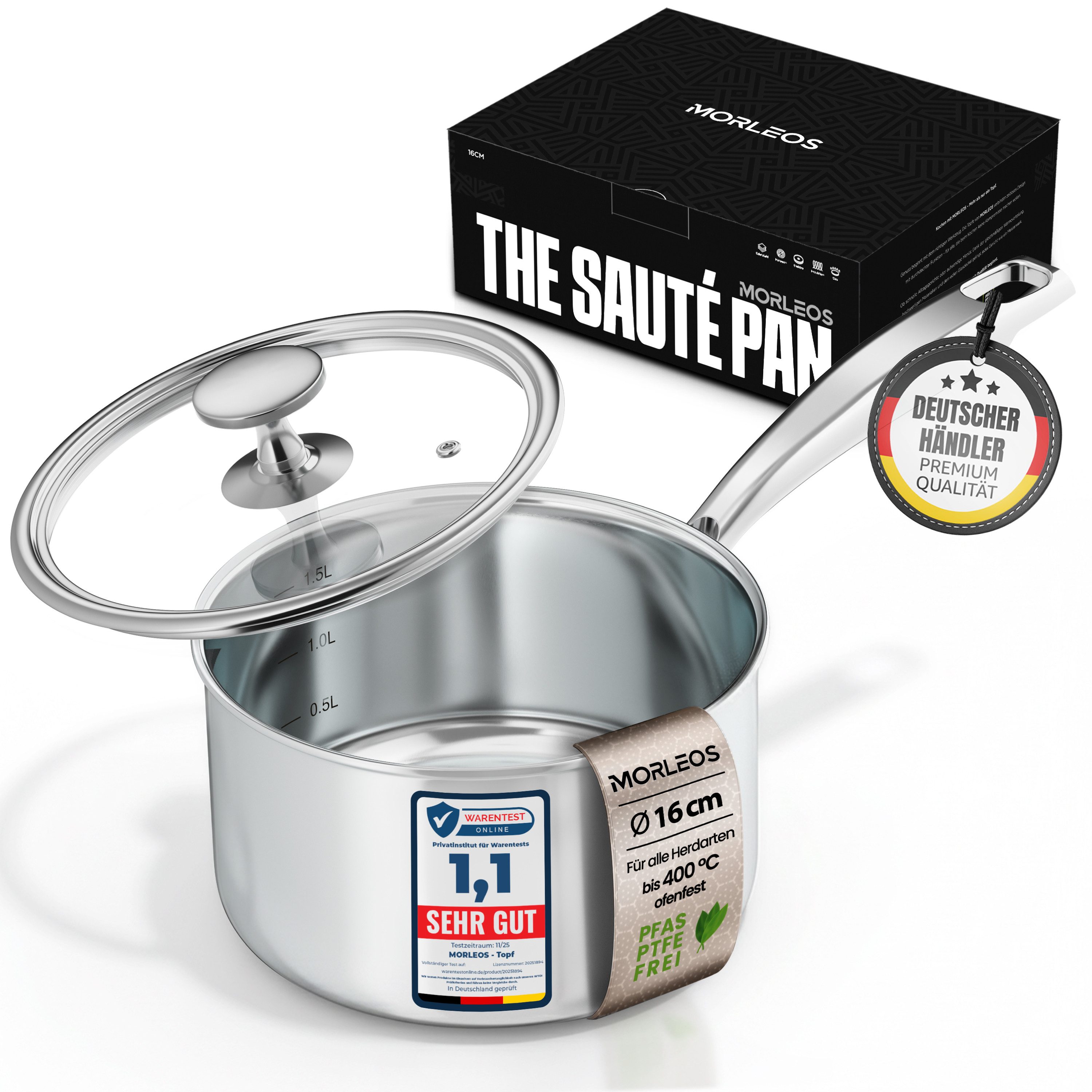 Morleos Kochtopf Ø 20 cm 3 Liter Edelstahl Suppentopf + flachem Glasdeckel, 18/10 Edelstahl (moderner flacher Glasdeckel mit Dampfloch, XSteel), induktionsfähig bis 400 °C