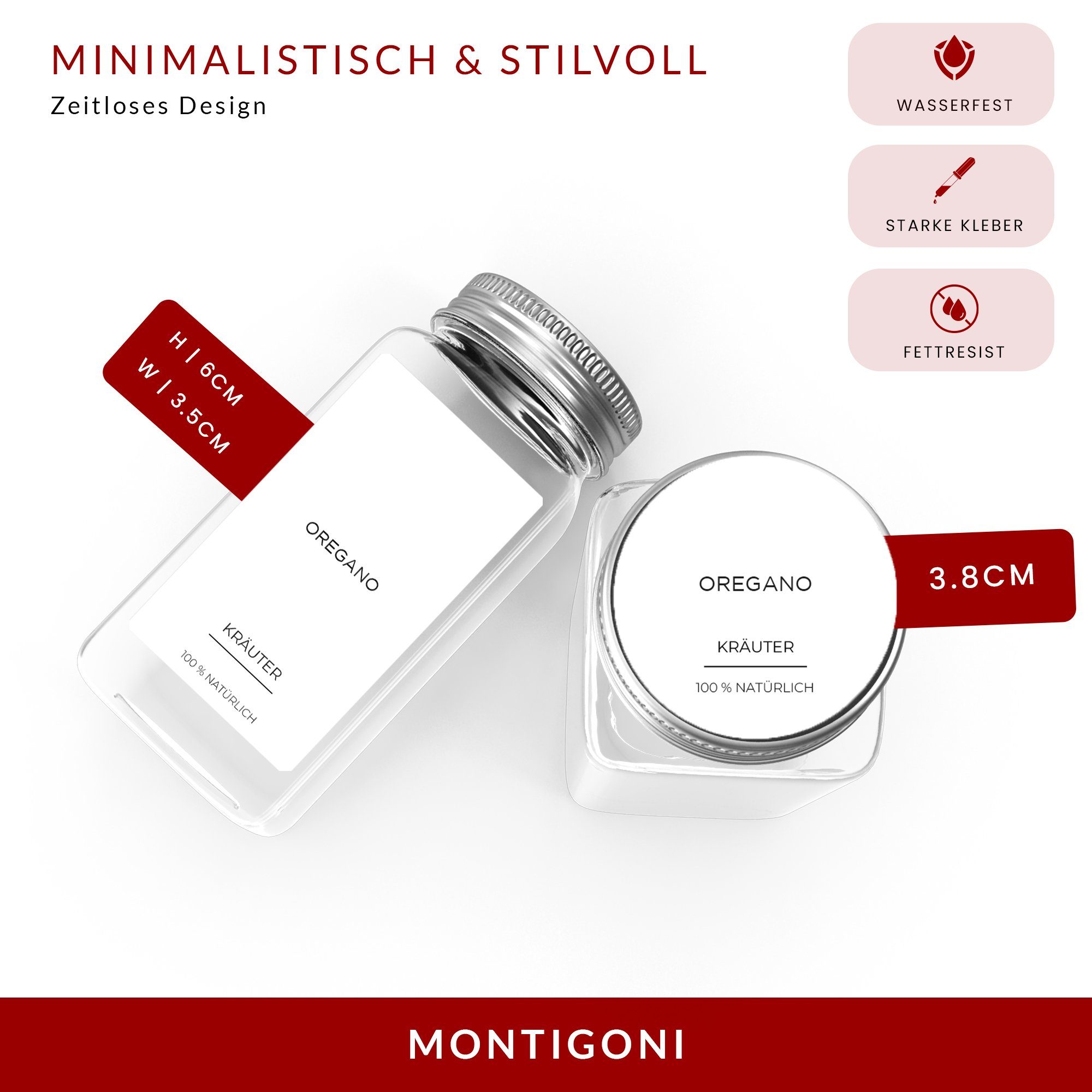 Montegoni Etiketten 144 Stk. Rund oder 195 Rechteckige Gewürzetiketten selbstklebend, Wasserfest Gewürzaufkleber Vorratsetiketten - Gewürzgläser Etiketten
