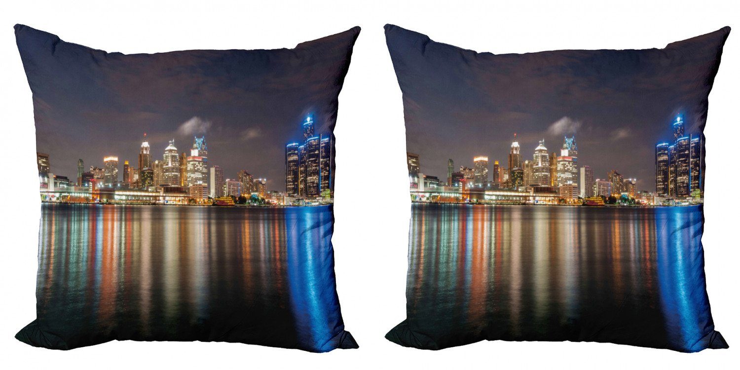 Kissenbezüge Modern Doppelseitiger Accent Stück), Detroit Nachtzeit-Stadtbild Digitaldruck, (2 Abakuhaus