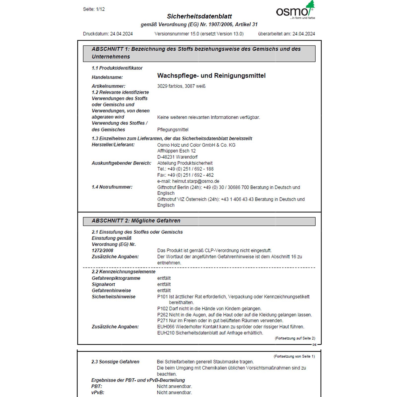 osmo Wachspflege- und Reinigungsmittel 1 LTR Holzreiniger