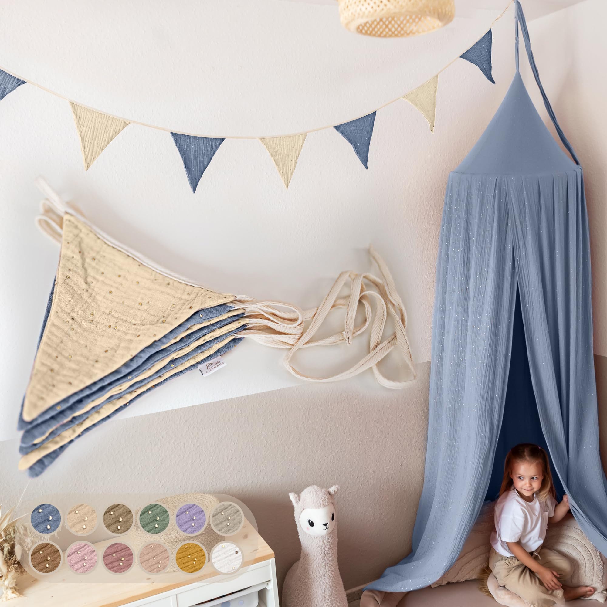 lilimaus Wimpelkette Handgemachte Wimpelkette aus Musselin Kinderzimmer Gold Applikation, Handgemachte Musselin-Wimpelkette für Kinderzimmerdeko