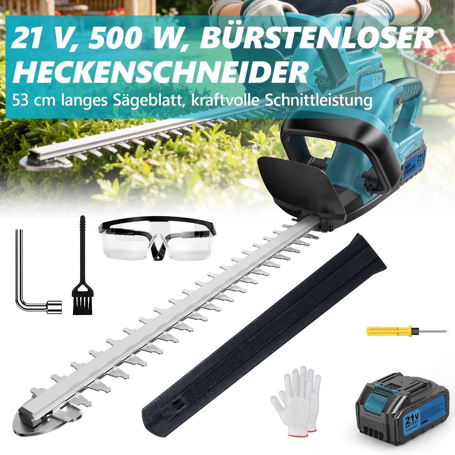 AeroAxis Akku-Heckenschere Elektrische Heckenschere mit 3000mAh Akku und Ladegerät, (Set), Dual Schnittklingen, Heckenschere Akku für Hecken und Sträucher