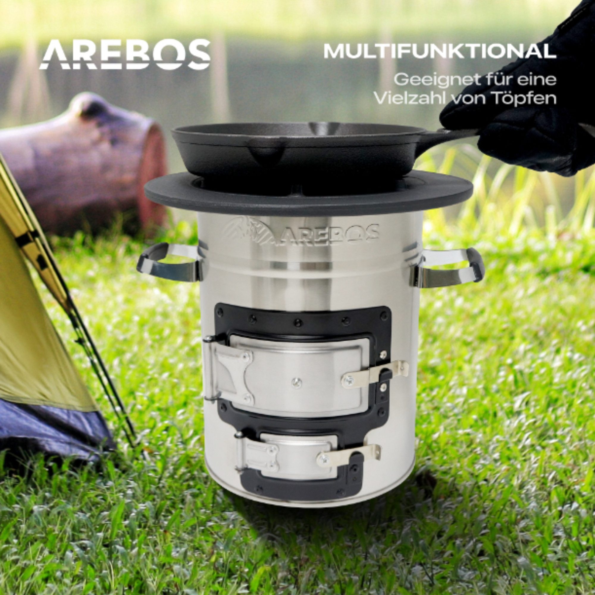 Arebos Fire Pit Rocket Stove incl. Grill Pan Dutch Oven BBQ, (Set), Incl. Carrying Bag, Protective Gloves, Cast Iron Pan & Firewood Rack
