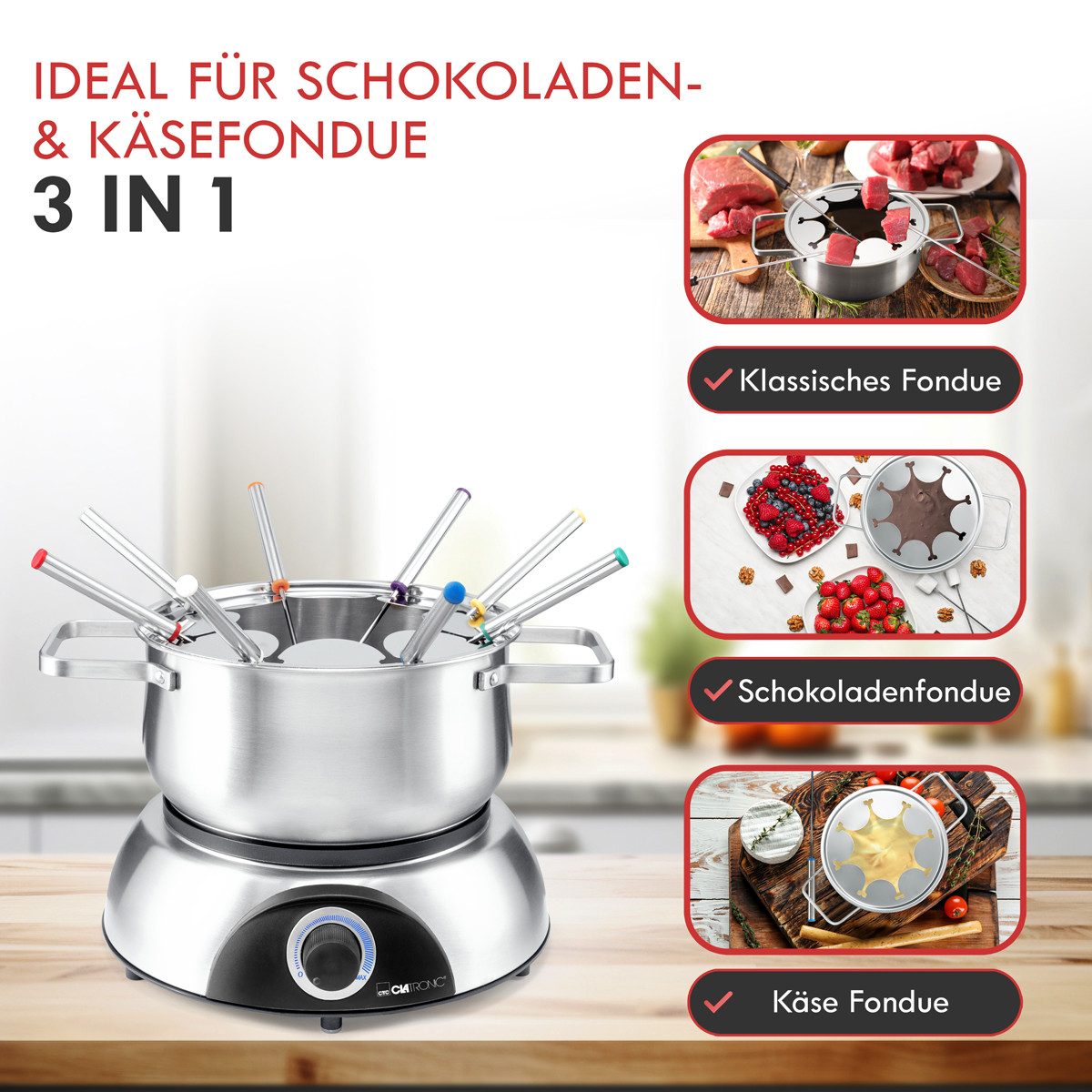 CLATRONIC Elektro-Fondue FD 3783, Fondue-Set elektrisch, Edelstahl Fonduetopf