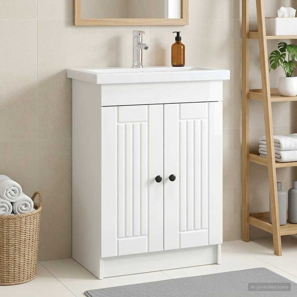 furnicato Badkommode Badezimmer-Unterschrank 56 x 37,5 x 81 cm Hochglanz Weiß, Badmöbel mit 90°-Schwenktüren und viel Stauraum für dein Badezimmer